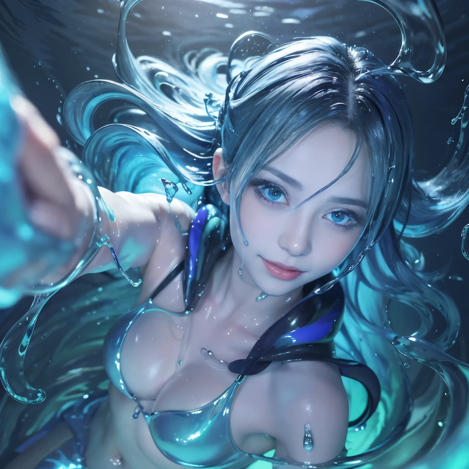 (masterpiece,best quality:1.4),(8k,raw photo,photo realistic:1.2),shiny skin,detailed skin,detailed face,detailed eyes, 1girl,looking at viewer,Japanese idol,extremely beautiful face, (smile), LiquidHair, liquid hair, blue mucus floating around, slime girl, covered in blue slime, (partially transparent), (Wet with water), (blue sweat), Slimy blue liquid dripping from her body. Her hair is also covered in blue slime. blue slime scatters, Blue hair, blue eyes