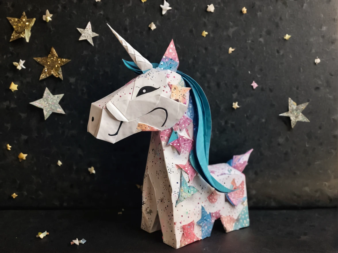 ponytailed unicorn portraits, big smile to the camera, starry sky, zentangled, origami, 3d crunch,