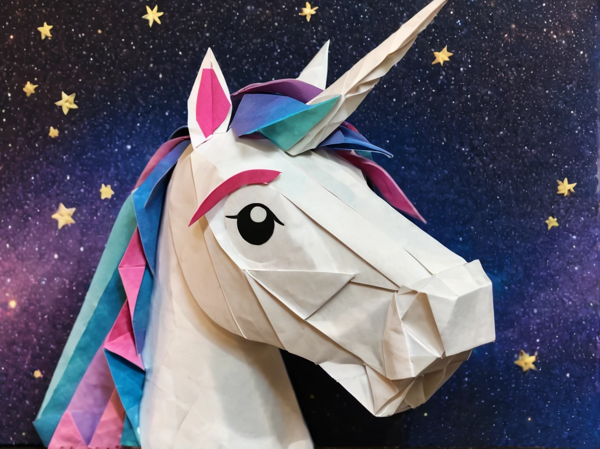 ponytailed unicorn portraits, big smile to the camera, starry sky, zentangled, origami, 3d crunch,