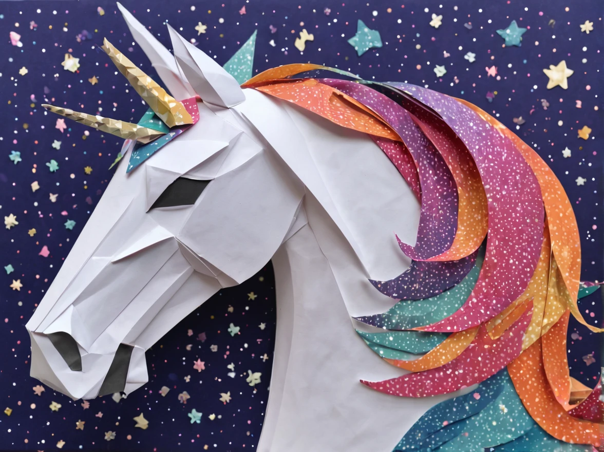 ponytailed unicorn portraits, big smile to the camera, starry sky, zentangled, origami, 3d crunch,