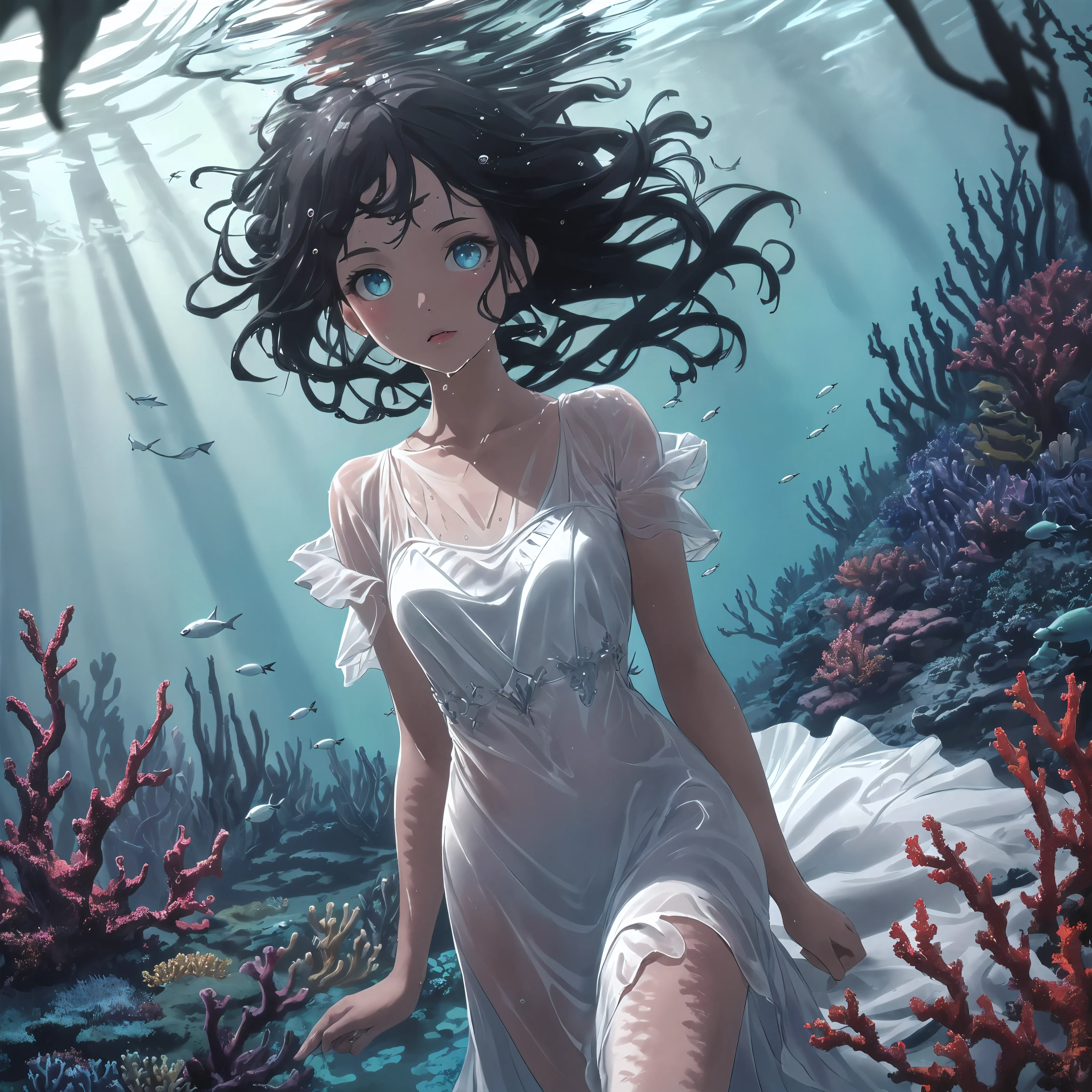 (((masterpiece))),(((best quality))),((super detailed)),((underwater)),(illustration),(Beautiful and delicate water),((coral)),((chiaroscuro)), open tuck,((Extremely delicate and beautiful girl)),(Throw),dynamic angle,floating,(beautiful and delicate eyes),(Detail lights),(Change),floating hair,glowing eyes,(splash),underwater)),black hair, thick hair, green right eye,iceblue left eye,White silk long dress, (wet clothes), textured, The best decoration, The best wrinkles, best shadow, feather,nature,(Sunlight),(underwater forest),(painting),(bloom),(Detailed glow),(soak),seaweed,fish,(((Tyndall effect))),