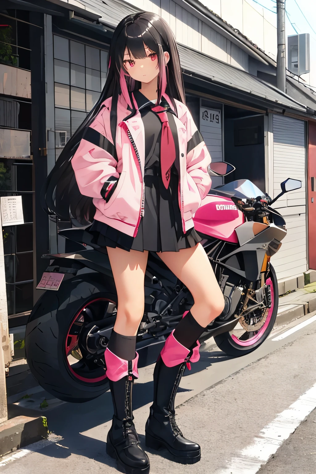  girl,long hair,Black hair with pink highlights,Don't tie your hair.,Japanese school uniform,black boots,bright pink eyes,tan skin,Big bike,Ducati Superbike, Ducati,Load the motorcycle,Height 160