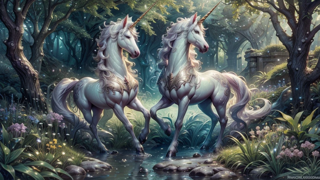 (best quality,4k,8k,highres,masterpiece:1.2),ultra-detailed,(realistic,photorealistic,photo-realistic:1.37),a spectacular fantasy unicorn in a magical garden,portraits,vivid colors,sharp focus,HDR,beautiful detailed eyes,beautiful detailed lips,extremely detailed eyes and face,long eyelashes,luscious green grass,sparkling dewdrops on flowers,ethereal atmosphere,soft sunlight filtering through the trees,lush and vibrant flowers blooming,delicate butterfly dancing in the air,crystal-clear stream running through the garden,enchanting fairy lights illuminating the scene,fantasy and dreamlike color palette,subtle golden hues,shimmering rainbow reflecting on the unicorn's coat,dynamic composition capturing the unicorn's grace and power,magical aura surrounding the unicorn,peaceful and serene ambiance,meticulous attention to fur and textures,expressive and captivating unicorn's gaze,fantasy creatures hidden in the garden,whimsical elements enhancing the enchantment,storybook-like atmosphere with a touch of mystery and wonder