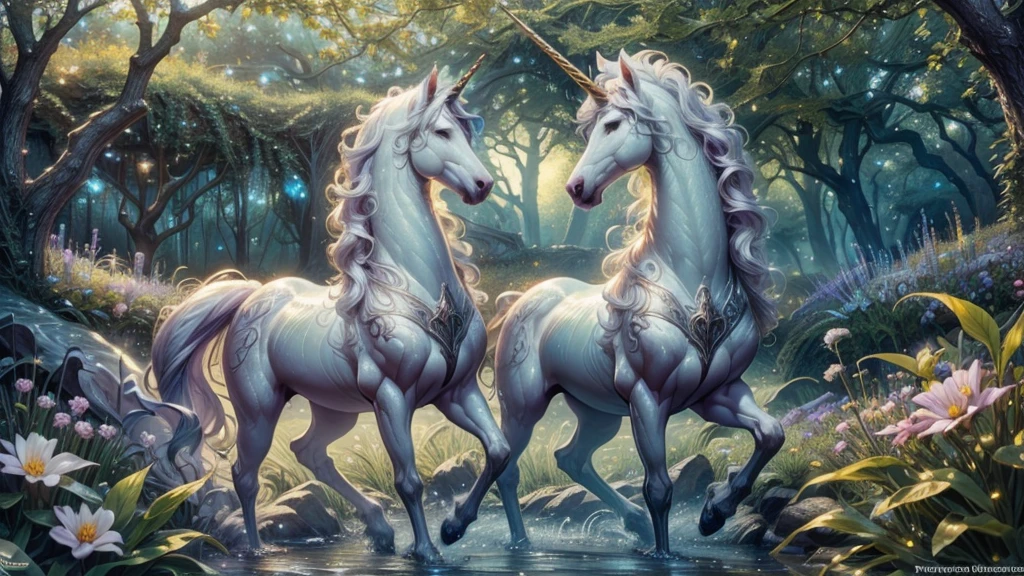 (best quality,4k,8k,highres,masterpiece:1.2),ultra-detailed,(realistic,photorealistic,photo-realistic:1.37),a spectacular fantasy unicorn in a magical garden,portraits,vivid colors,sharp focus,HDR,beautiful detailed eyes,beautiful detailed lips,extremely detailed eyes and face,long eyelashes,luscious green grass,sparkling dewdrops on flowers,ethereal atmosphere,soft sunlight filtering through the trees,lush and vibrant flowers blooming,delicate butterfly dancing in the air,crystal-clear stream running through the garden,enchanting fairy lights illuminating the scene,fantasy and dreamlike color palette,subtle golden hues,shimmering rainbow reflecting on the unicorn's coat,dynamic composition capturing the unicorn's grace and power,magical aura surrounding the unicorn,peaceful and serene ambiance,meticulous attention to fur and textures,expressive and captivating unicorn's gaze,fantasy creatures hidden in the garden,whimsical elements enhancing the enchantment,storybook-like atmosphere with a touch of mystery and wonder