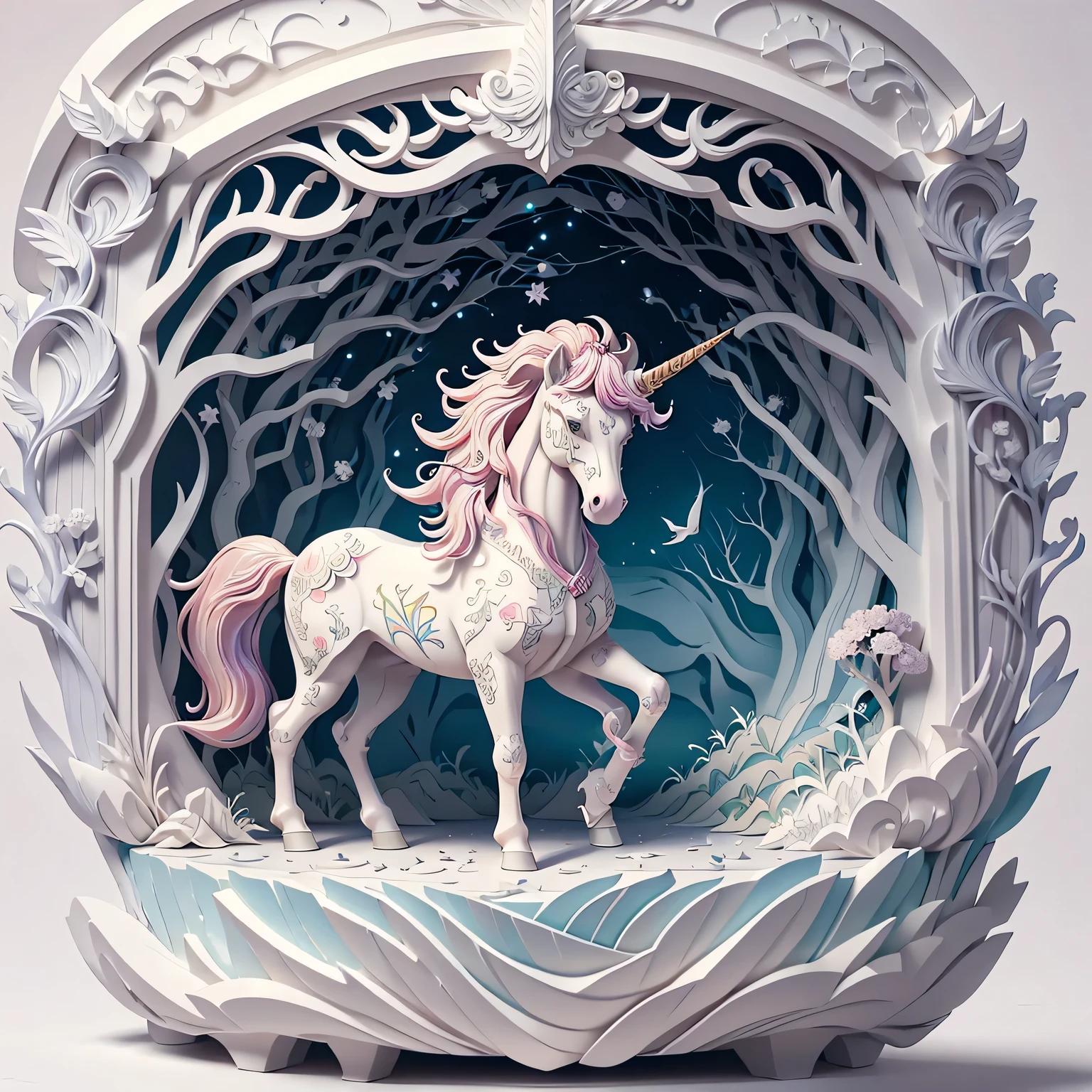 fantasy unicorn, PAPERCUT, unicorn nendoroid, on a crystal pedestal, (masterpiece), (highest quality), (ultra high detail)