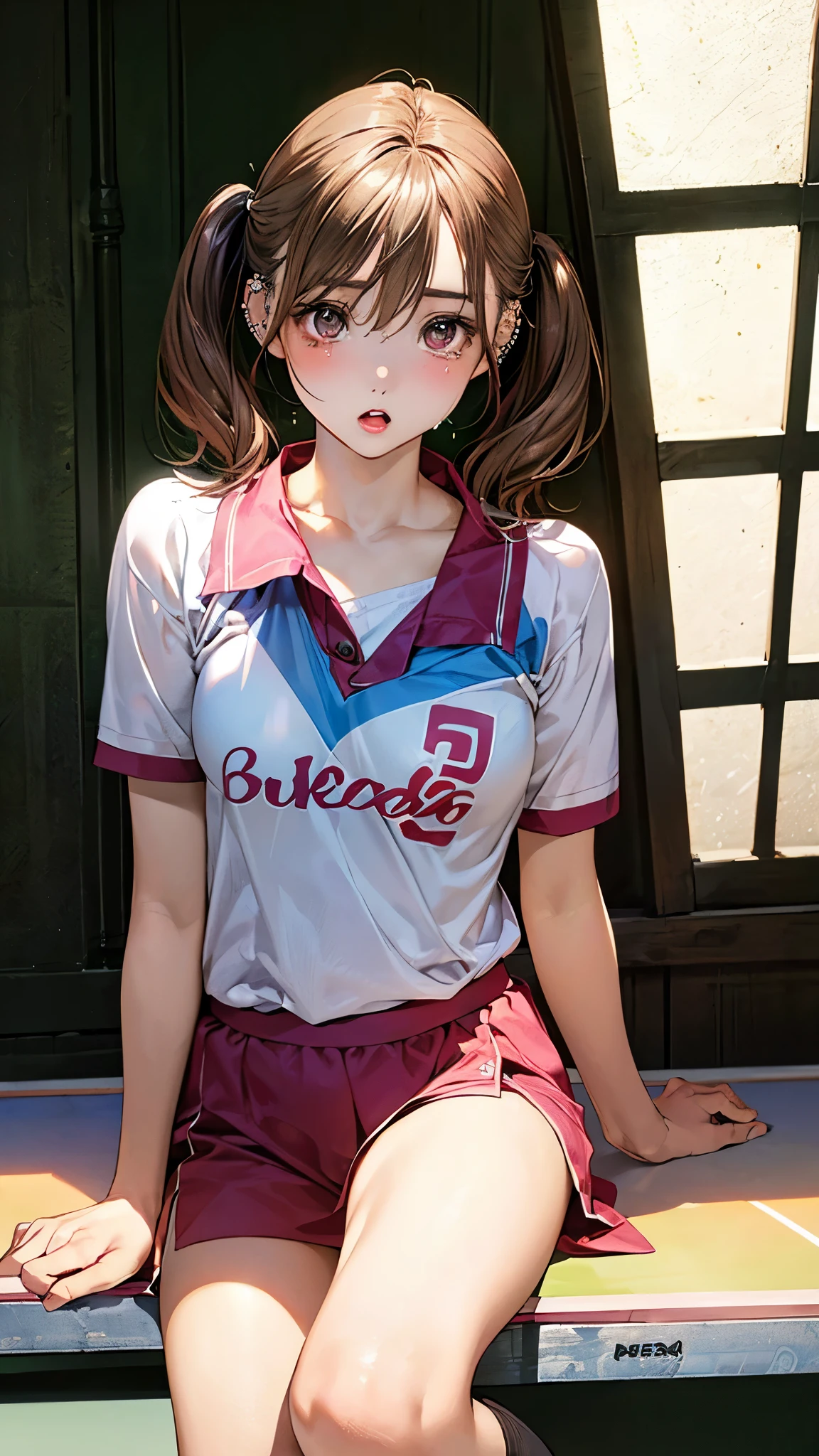 (masterpiece:1.2, top-quality), (realistic, photorealistic:1.4), beautiful illustration, (natural side lighting, movie lighting),
looking at viewer, fullbody, 1 girl, japanese, high school girl, perfect face, cute and symmetrical face, shiny skin, babyface,
(short hair, low twintails, light brown hair), hair between eyes, brown eyes, big eyes, drooping eyes, (middle breasts, seductive thighs, big ass), piercings,
beautiful hair, beautiful face, beautiful detailed eyes, beautiful clavicle, beautiful body, beautiful chest, beautiful thigh, beautiful legs, beautiful fingers,
((detailed cloth texture, pink table tennis uniform)),
(beautiful scenery), evening, flower garden, (:o), tears,