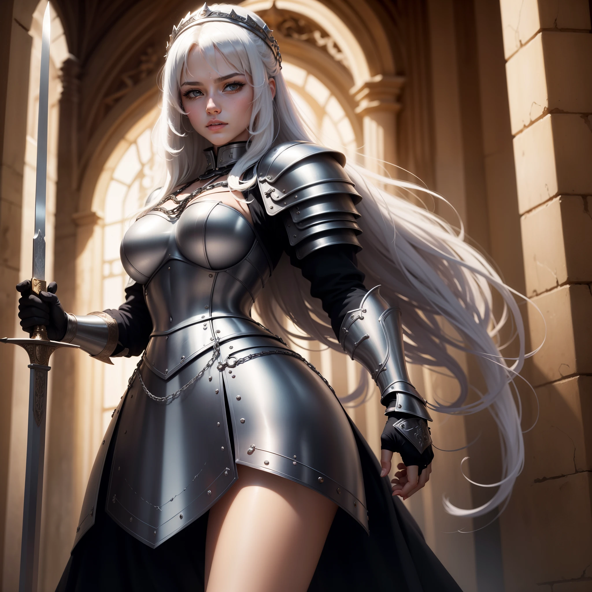 A spectral-haunted young female warrior, her luxurious silver mane flowing elegantly amidst the chaos, dons a weathered leather hunting attire, near ancient city gates. Multitudes of ethereal specters encircle her, assailing from all directions, reaching up from the earth, and ensnaring her with invisible, malicious tangles.