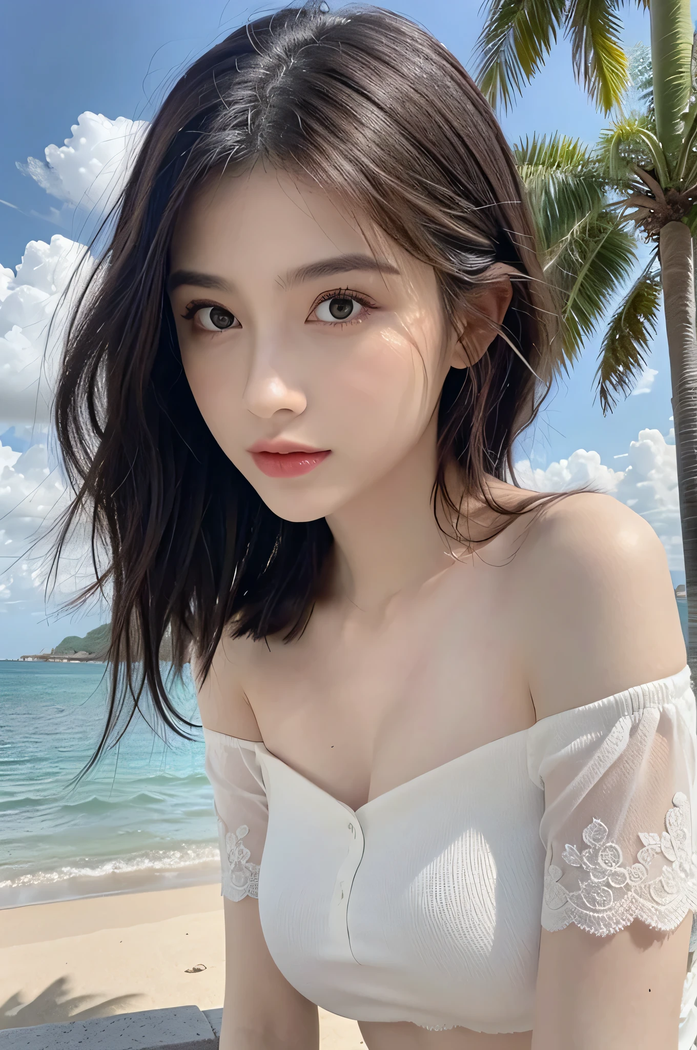 1 girl, (highest quality:1.4), (super detailed), (detailed light), (Highly detailed beautiful face), wonderful face and eyes, clear gray eyes, beautiful white hair, WHITE hair fluttering in the wind, Beautiful sheer off-shoulder lace, beautiful breasts, Highly detailed CG integrated 8k wallpaper, High resolution raw color photos, professional photos, dynamic lighting, (nipple:1.1), sunny, Ocean, Palm tree,