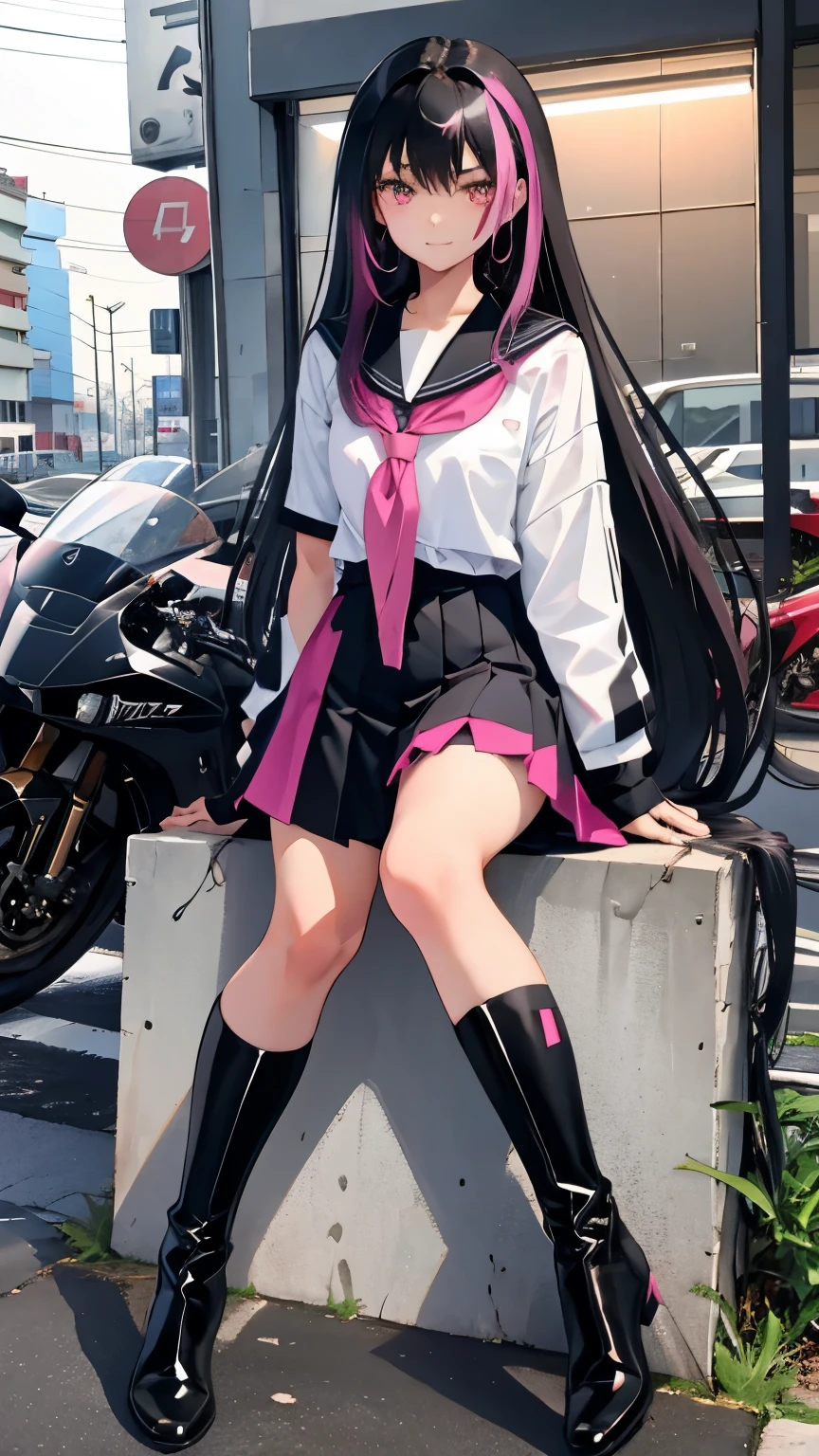 16 year old girl,long hair,Black hair with pink highlights,Don't tie your hair.,Japanese school uniform,black boots,bright pink eyes,tan skin,Big bike,Ducati Superbike, Ducati,Load the motorcycle
