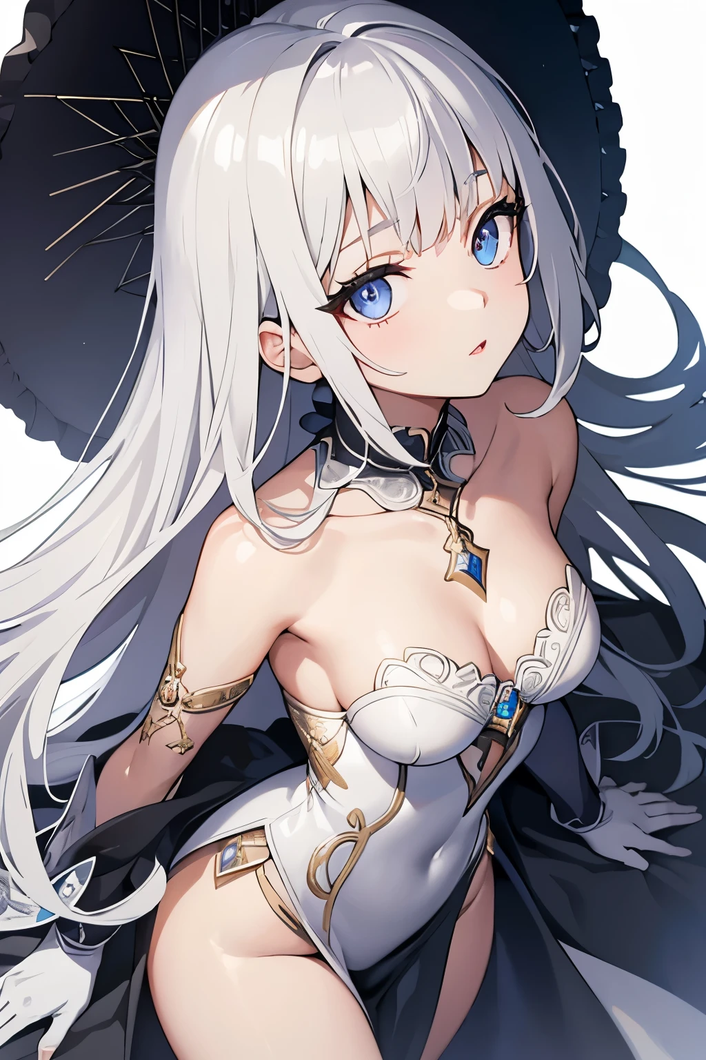 1girl, anime, cute girl, blank background, white background, fantasy, detailed dark fantasy dress with highlights, beautiful face, beautiful eyes, dark colors, silver hair, slightly small breasts, slight cleavage, beautiful skin, cute, breast curtains, extremely delicate and beautiful, (beautiful detailed face:1.0), (detailed deep eyes), symmetrical breasts, deep eyes, shiny skin, portrait, slender waist, hips wider than shoulders, thighs, young girl, expressionless, luminous eyes