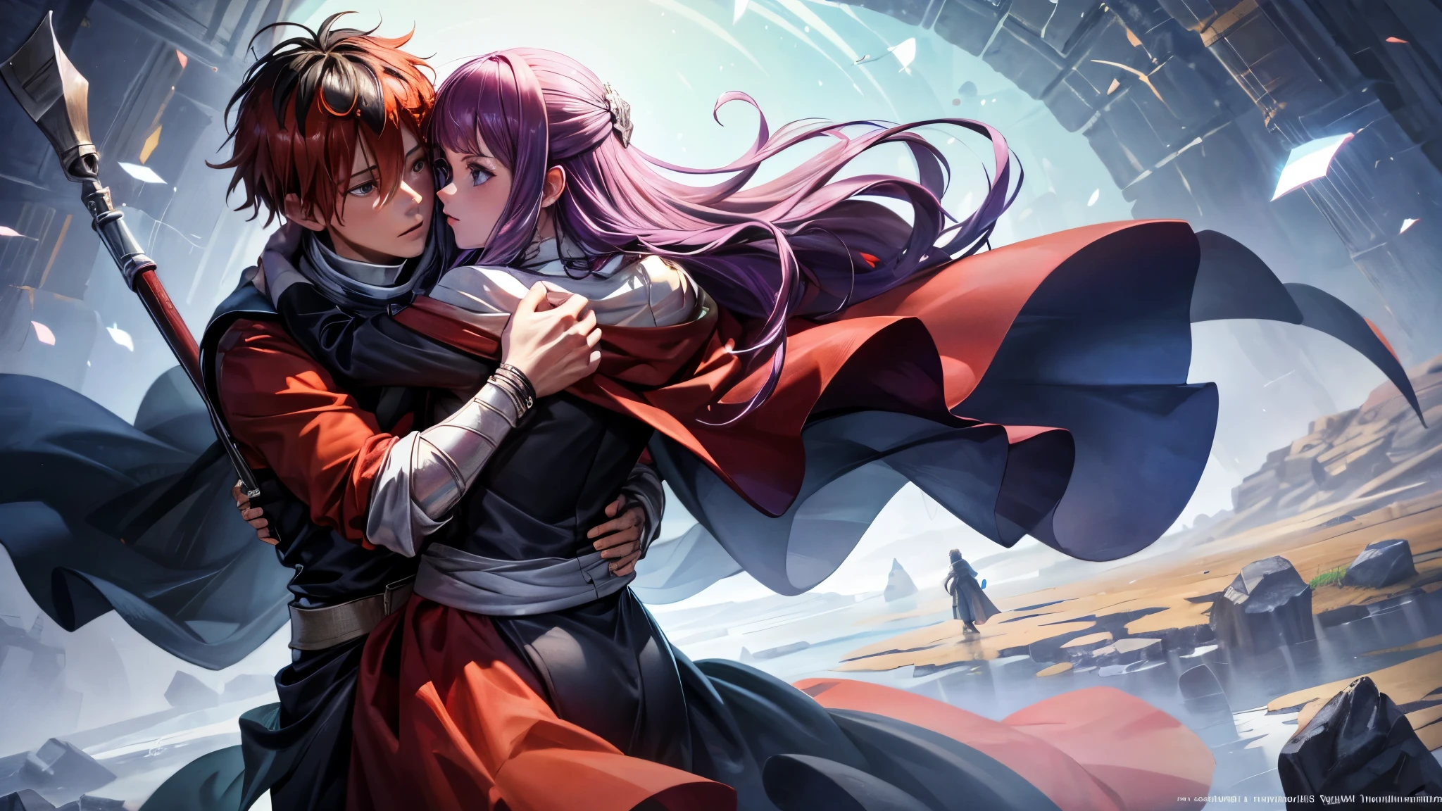 Illustrate the man and woman in a heartfelt, passionate embrace, capturing the essence of their deep connection and shared emotions amidst the fantasy medieval setting, adding an intimate touch to their journey in the artwork.