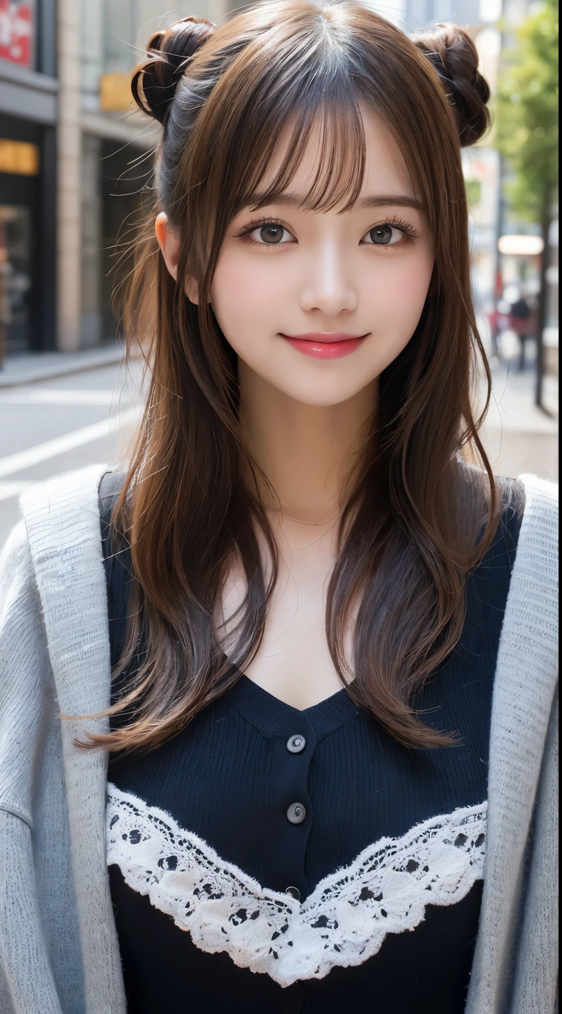 masutepiece, Best Quality, Illustration, Ultra-detailed, finely detail, hight resolution, 8K Wallpaper, Perfect dynamic composition, Beautiful detailed eyes, Trendy Women's Fashion Winter Clothes,Bun hair,Small breasts natural color lip, sexypose,Smile,Harajuku、20 years girl、Cute、is looking at the camera