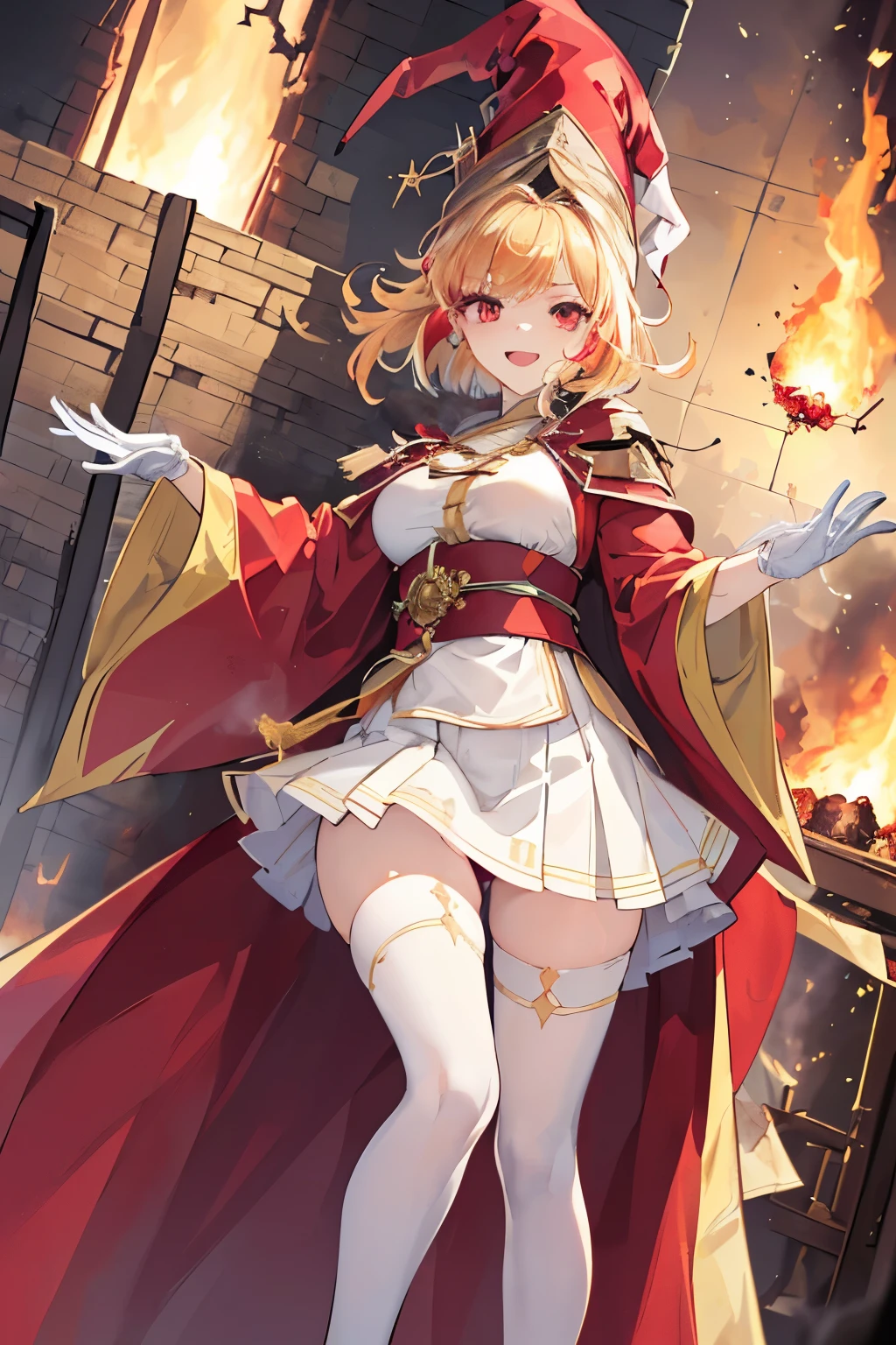 (((1girl))), ((best quality)), ((masterpiece)), ((ultra-detailed)), (illustration), (detailed light), (an extremely delicate and beautiful), (beautiful detailed eyes), (sunlight), ((extremely light)),  ((extremely clothes)), (((hyper detail))),(((((front lighting))))),(((((front light))))),

((((quite adorable and more erotic red Wizard's robe with a brief skirt and wizard hat)))), (((Highest Class Wizard))),
, 

((wavy short manish bob)), ((((yellow gold hair)))), 
(((ruby red eyes))), 

(((whole body))), aged 8 to 12, ((((())))),
((condescending expression)), ((mischievous smile with sexual satisfaction)),  (((extra adorable))), (((((extra slender shape))))), 
(((extremely beautiful detailed face))), (((surrounded by too many deadly sparks))), 
(((((attacking enemies by a spell of squall of deadly fire))))), 

(((((Dutch angle))))), (((white gloves))), a little bit exposed pale yellow panties