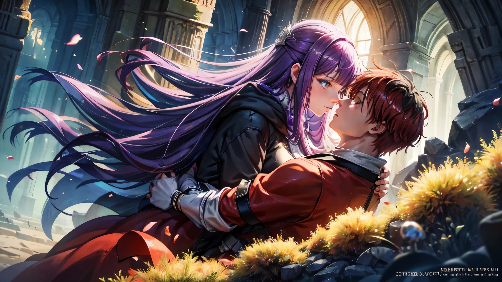 Illustrate the man and woman in a heartfelt, passionate embrace, capturing the essence of their deep connection and shared emotions amidst the fantasy medieval setting, adding an intimate touch to their journey in the artwork.