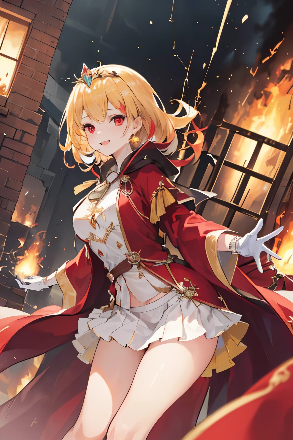 (((1girl))), ((best quality)), ((masterpiece)), ((ultra-detailed)), (illustration), (detailed light), (an extremely delicate and beautiful), (beautiful detailed eyes), (sunlight), ((extremely light)),  ((extremely clothes)), (((hyper detail))),(((((front lighting))))),(((((front light))))),

((((quite adorable and more erotic red Wizard's robe with a brief skirt and wizard tiara)))), (((Highest Class Wizard))),
, 

((wavy short manish bob)), ((((yellow gold hair)))), 
(((ruby red eyes))), 

(((whole body))), aged 8 to 12, ((((())))),
((condescending expression)), ((mischievous smile with sexual satisfaction)),  (((extra adorable))), (((((extra slender shape))))), 
(((extremely beautiful detailed face))), (((surrounded by too many deadly sparks))), 
(((((attacking enemies by a spell of squall of deadly fire))))), 

(((((Dutch angle))))), (((white gloves))), a little bit exposed pale yellow panties
