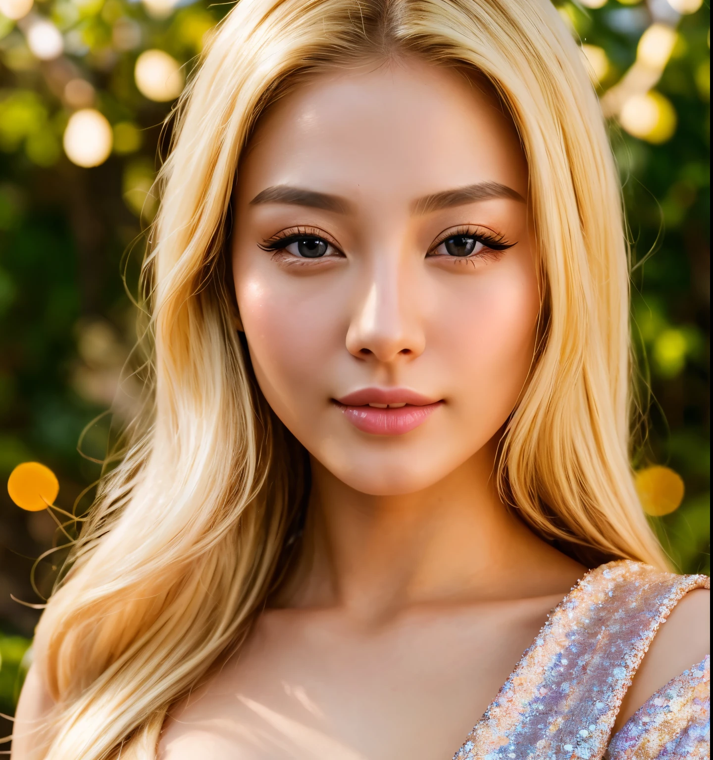 highest quality、beautiful woman、gal、blonde、Japanese、God、Buddha、8K、Background glitter、cute