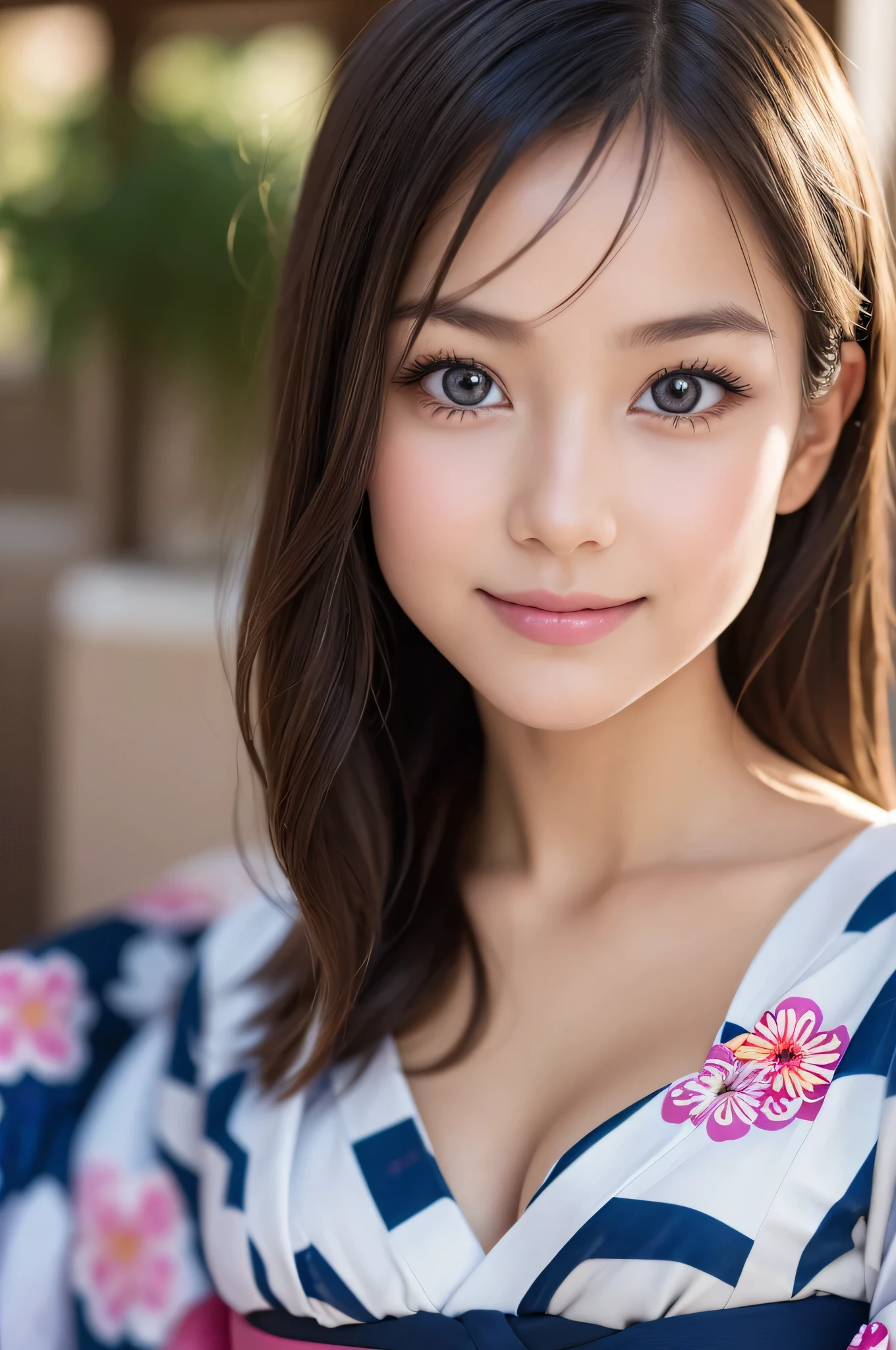 (1ung girl), Extremely cute face, Amazing face and eyes, (Highly detailed eyes, Highly detailed face), fresh, Very clean appearance, (Hyper-realistic, hight resolution), (Best Quality:1.4), Raw photo, (Realistic, Photorealsitic:1.37), Professional Photography, (floral pattern yukata:1.5), (Open yukata), (cleavage:1.2), (Bare shoulders), Smile slightly, (Staring at me), Bedroom, girl portrait,