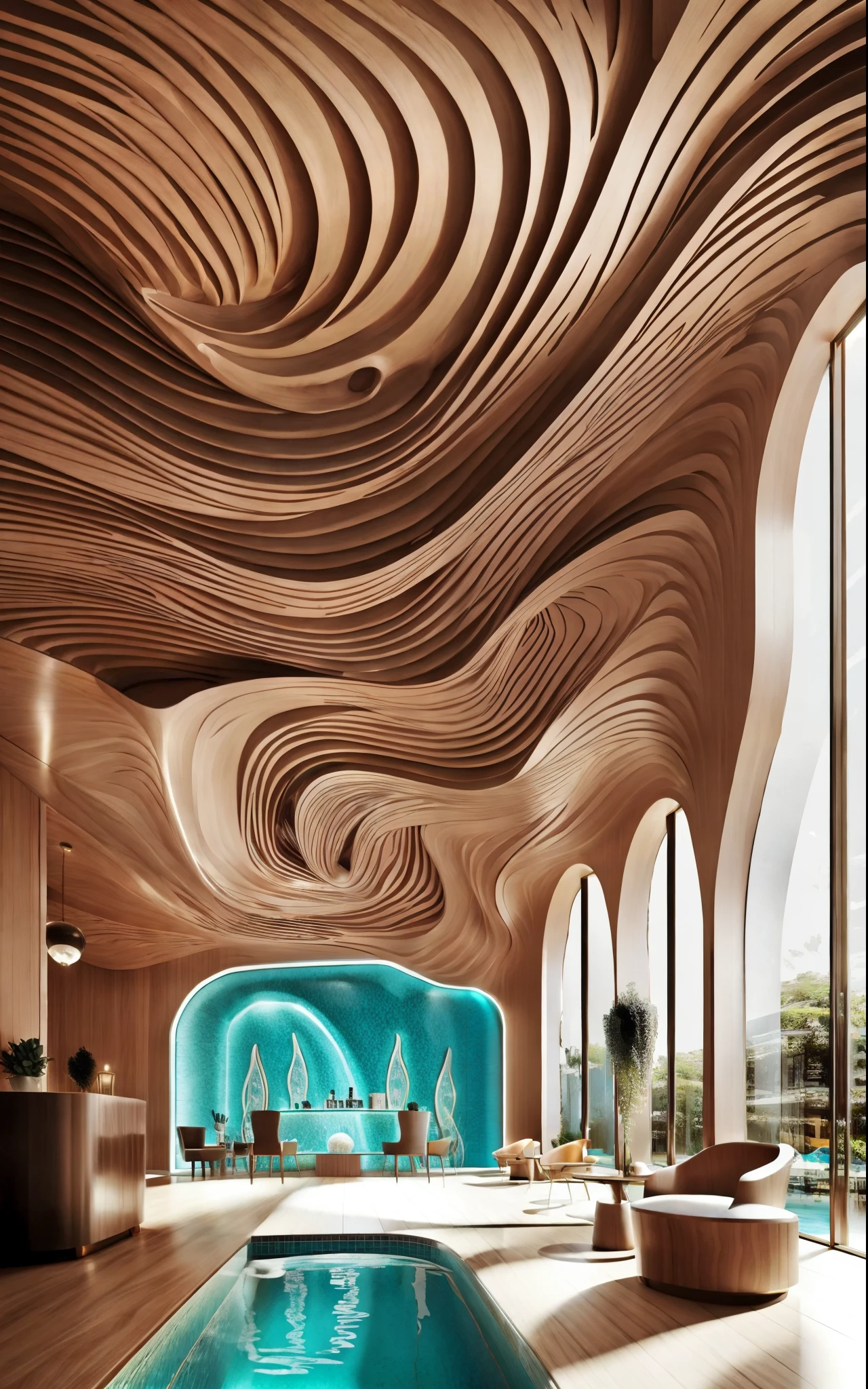 Hotel lobby with water wave ceiling, (Photorealistic:1.2)，Ocean style theme，There is a service front desk，There are oriental elements
