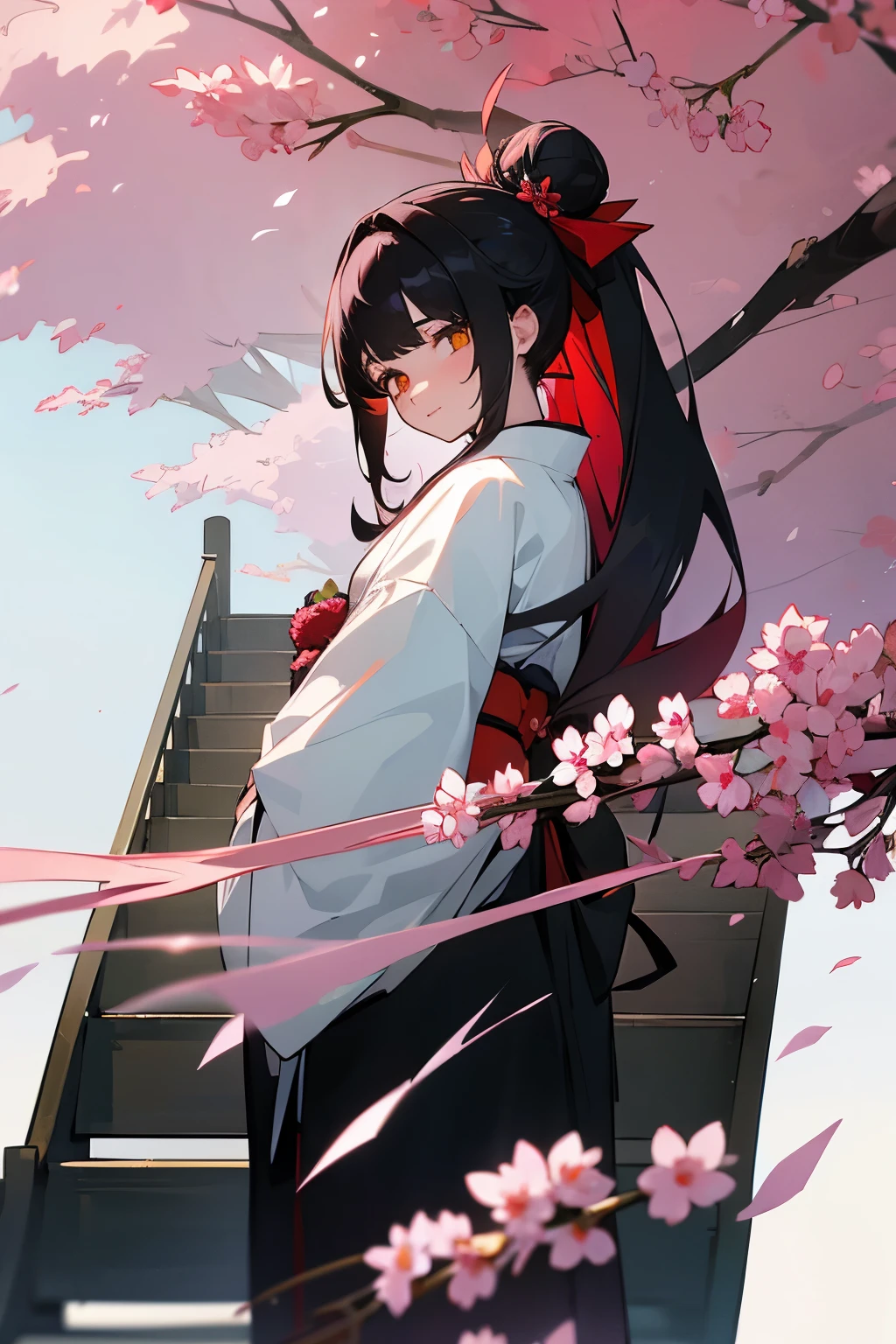 ((masterpiece,best quality)),2girls, black kimono, black legwear, black ribbon, black hair, cherry blossoms, day, flower, hair bun, hair ribbon, japanese clothes, kimono, long hair, looking at viewer, looking back, multiple girls, obi, outdoors, red eyes, red hair, ribbon, sandals, single hair bun, stairs, standing, statue, torii, tree, white kimono, yellow eyes   
Negative prompt: EasyNegative, extra fingers,fewer fingers,  
Steps: 20, Sampler: DPM++ 2M Karras, CFG scale: 10, Size: 640x960, Denoising strength: 0.58, Hires upscale: 1.8, Hires upscaler: Latent
