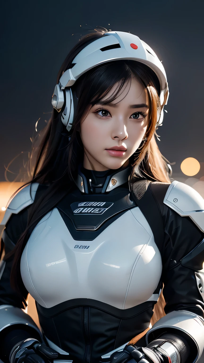 best image quality, excellent details, 超High resolution, (fidelity: 1.4), best illustrations, Favor details, High concentration of 1girls, With a delicate and beautiful face, dressed in black and white mecha, Wearing a mecha helmet, Have a direction controller, ride a motorcycle, the background is a high-tech lighting scene of the futuristic city. masterpiece, 最high quality, high quality, High resolution, (close up of face)