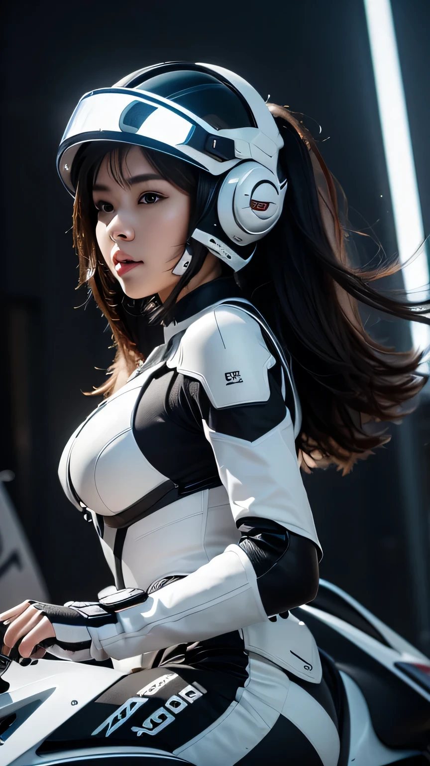 best image quality, excellent details, 超High resolution, (fidelity: 1.4), best illustrations, Favor details, High concentration of 1girls, With a delicate and beautiful face, dressed in black and white mecha, Wearing a mecha helmet, Have a direction controller, ride a motorcycle, the background is a high-tech lighting scene of the futuristic city. masterpiece, 最high quality, high quality, High resolution, (close up of face)