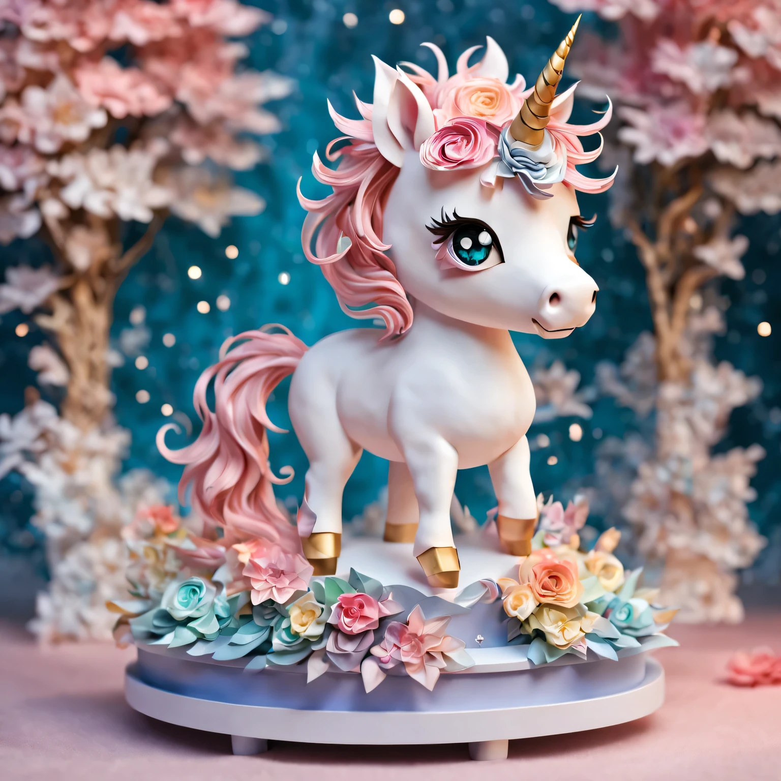 fantasy unicorn, PAPERCUT, unicorn nendoroid, on a crystal pedestal, (masterpiece), (highest quality), (ultra high detail)
