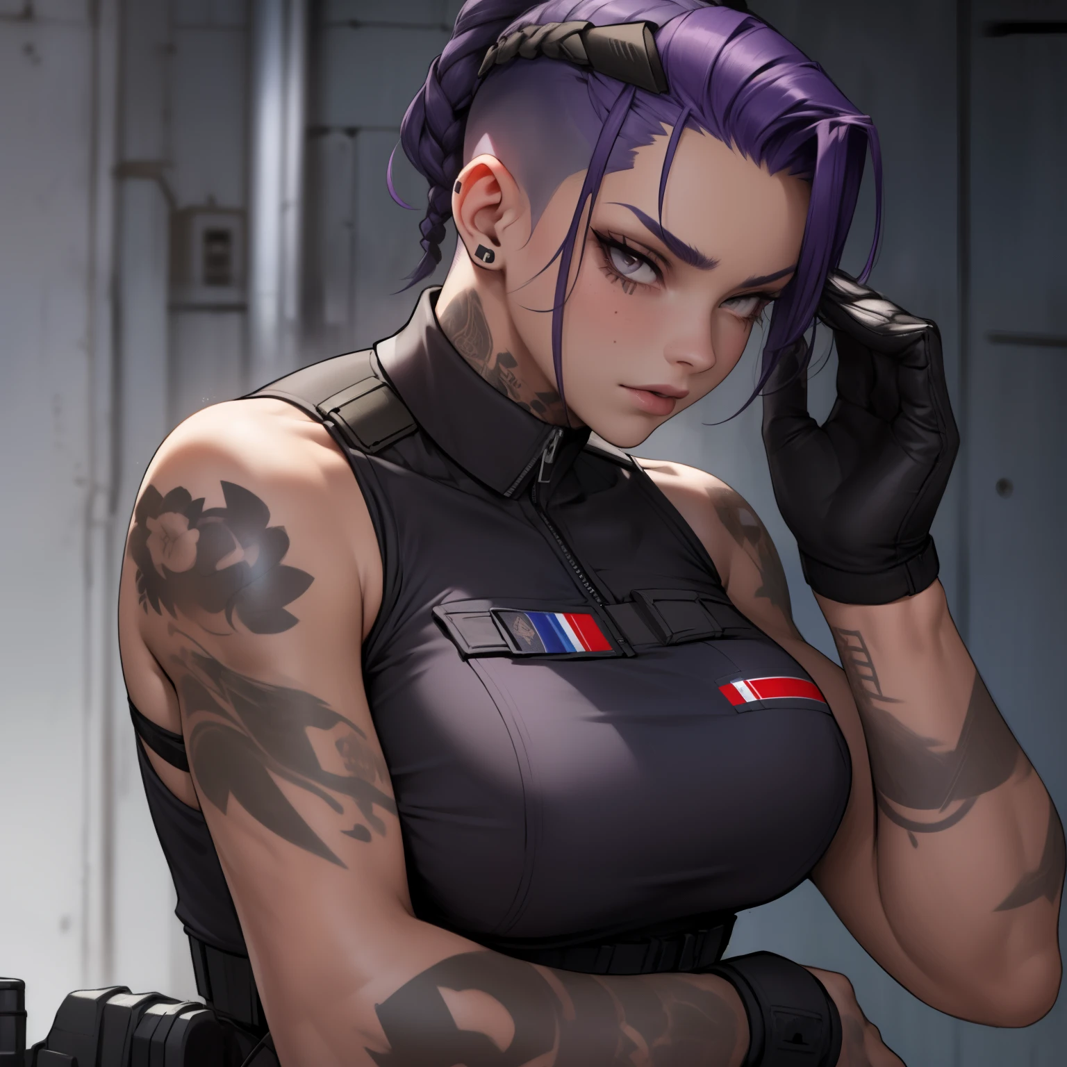 athletic russian female covered in tattoos, wearing military gear, has long deep purple hair with a buzz undercut, alone, solo, (ALONE)(SOLO), female soldier, sleeveless