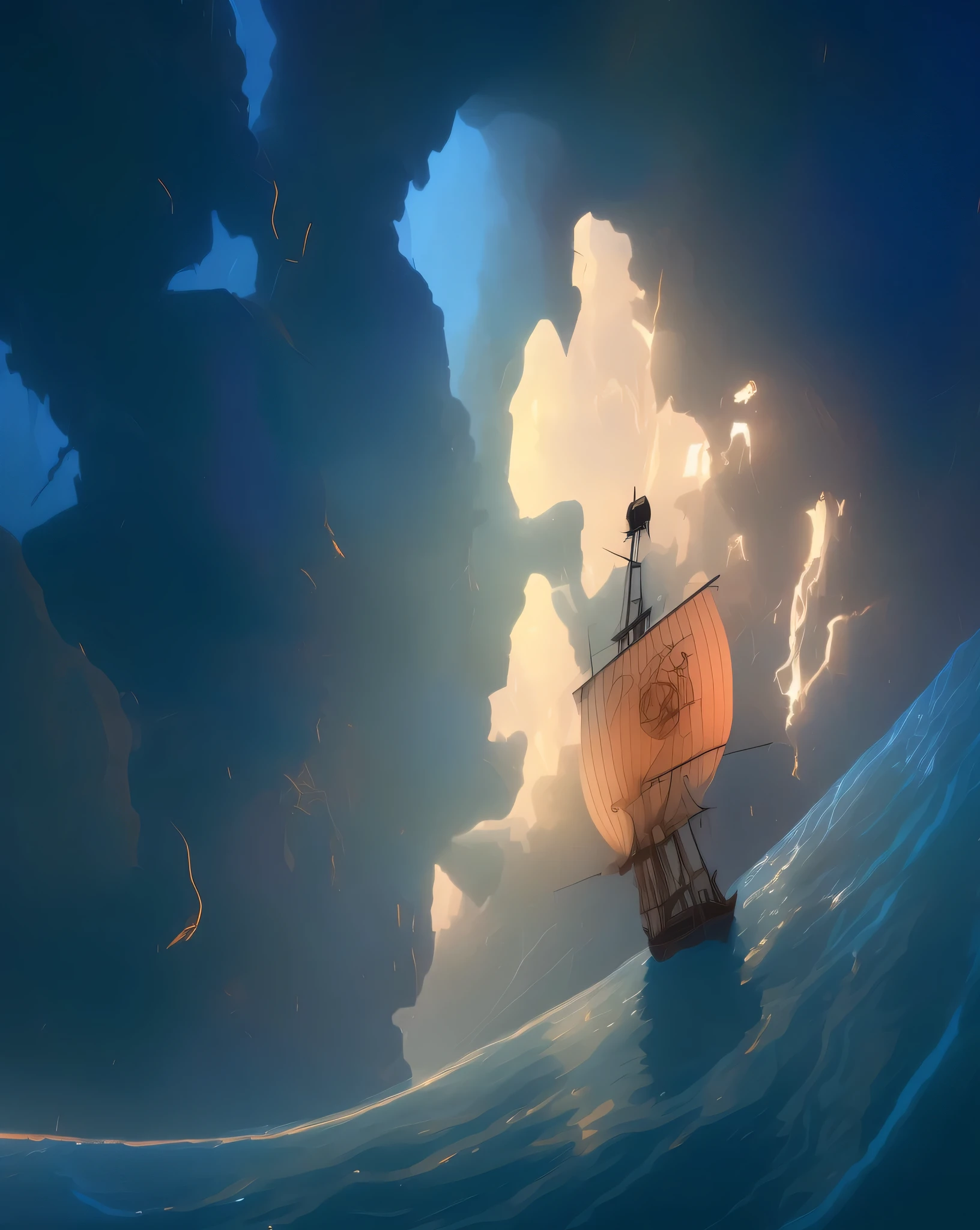 pirate ship cartoon pictures, a ship lost in a storm, author:Alexander Jimsky, A beautiful artistic illustration, epic digital art illustration, boat as background, dramatic lighting. concept art, Detailed lights and thunder, epic digital painting, a sailing ship, Divine Light Numbers, author:Daniel Ljunggren