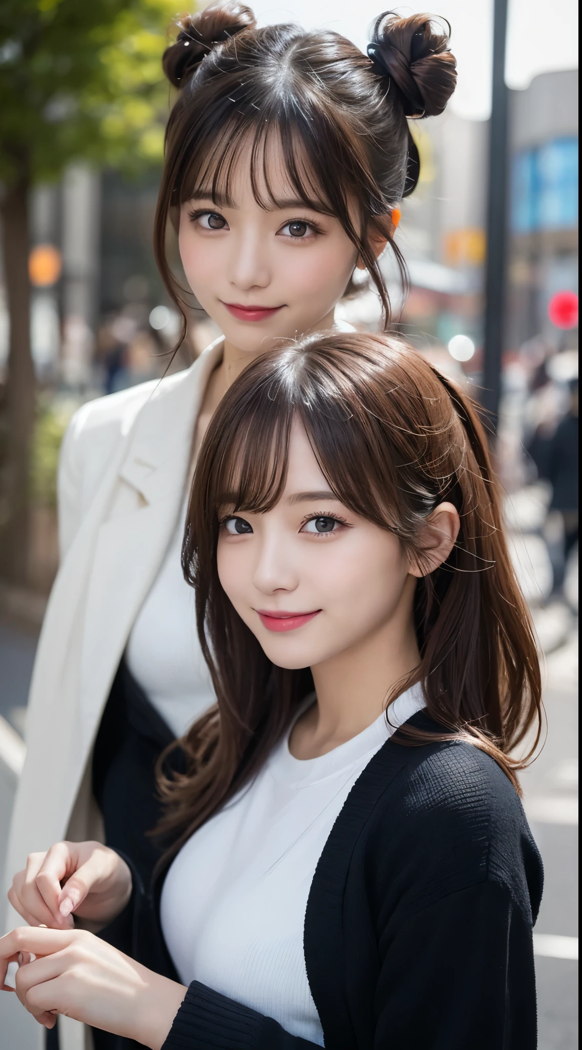 masutepiece, Best Quality, Illustration, Ultra-detailed, finely detail, hight resolution, 8K Wallpaper, Perfect dynamic composition, Beautiful detailed eyes, Trendy Women's Fashion Winter Clothes,Bun hair,Small breasts natural color lip, sexypose,Smile,Harajuku、20 years girl、Cute、is looking at the camera
