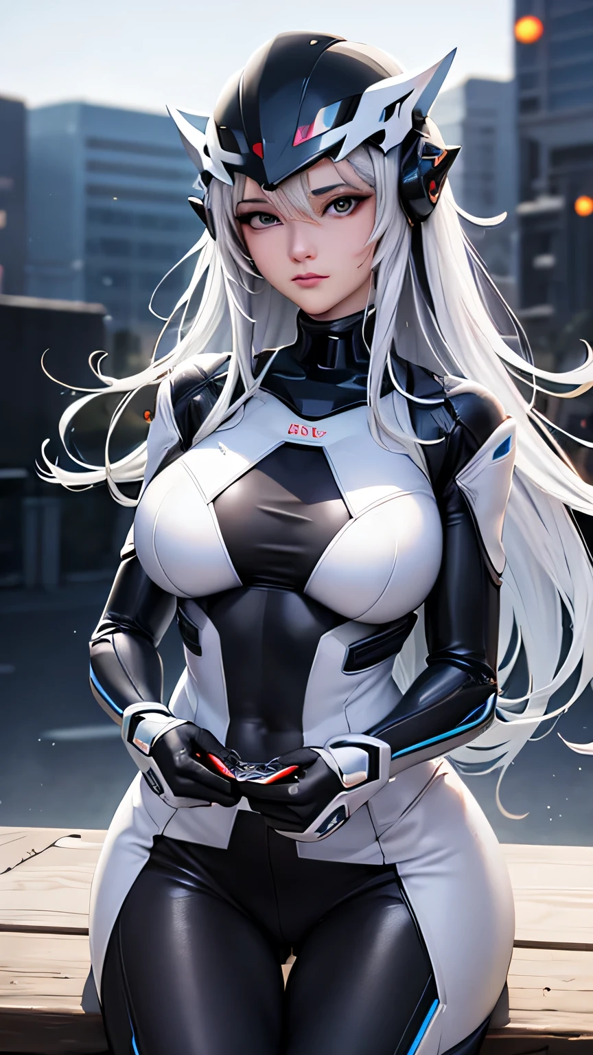 ((top quality)),(detailed description),(best work of art),Sci-Fi Art, tight suit, cleavage、beautiful eyes、3D rendering、smile、silver hair、realistic、future city