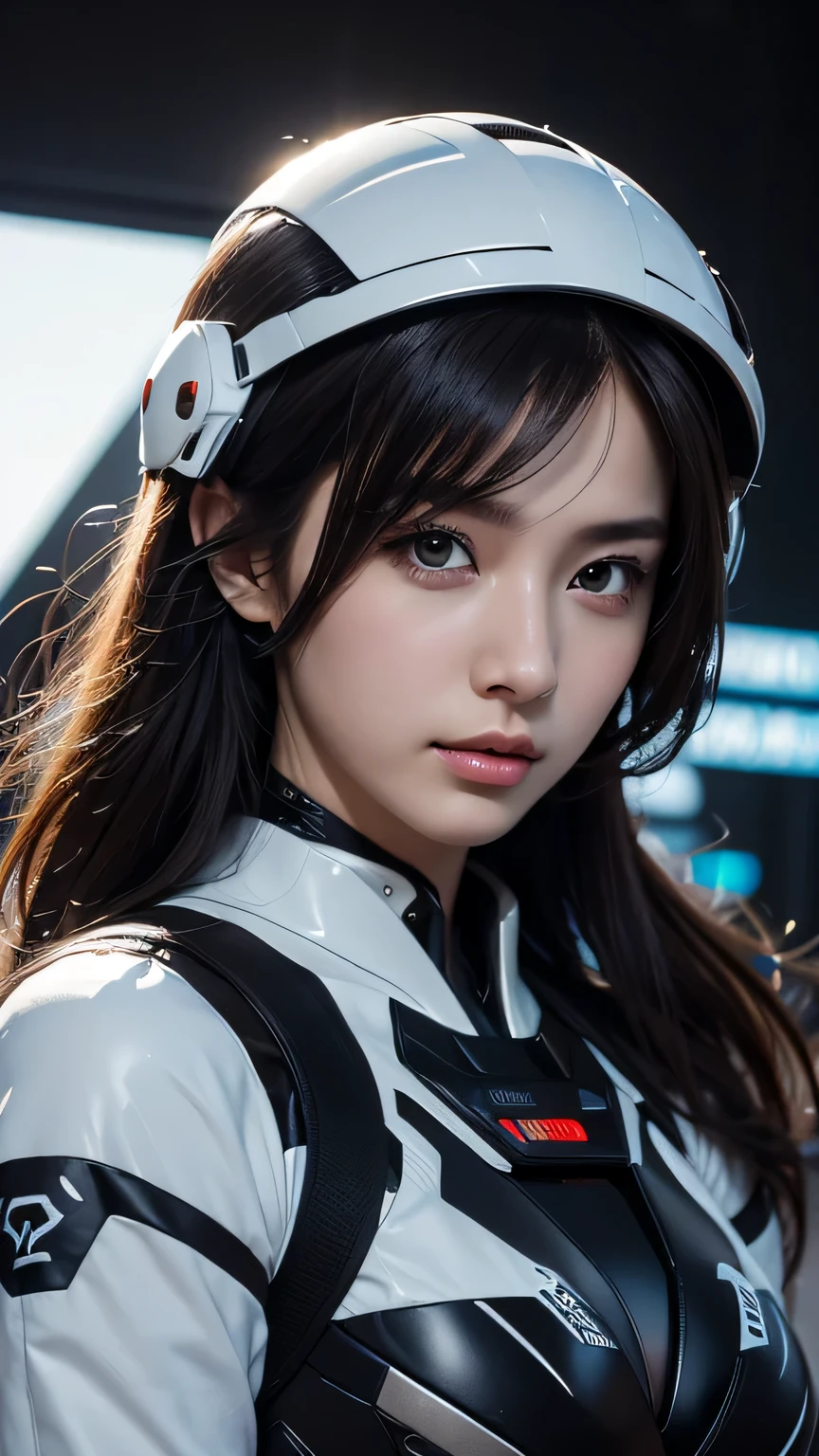best image quality, excellent details, 超High resolution, (fidelity: 1.4), best illustrations, Favor details, High concentration of 1girls, With a delicate and beautiful face, dressed in black and white mecha, Wearing a mecha helmet, Have a direction controller, ride a motorcycle, the background is a high-tech lighting scene of the futuristic city. masterpiece, 最high quality, high quality, High resolution, (close up of face)