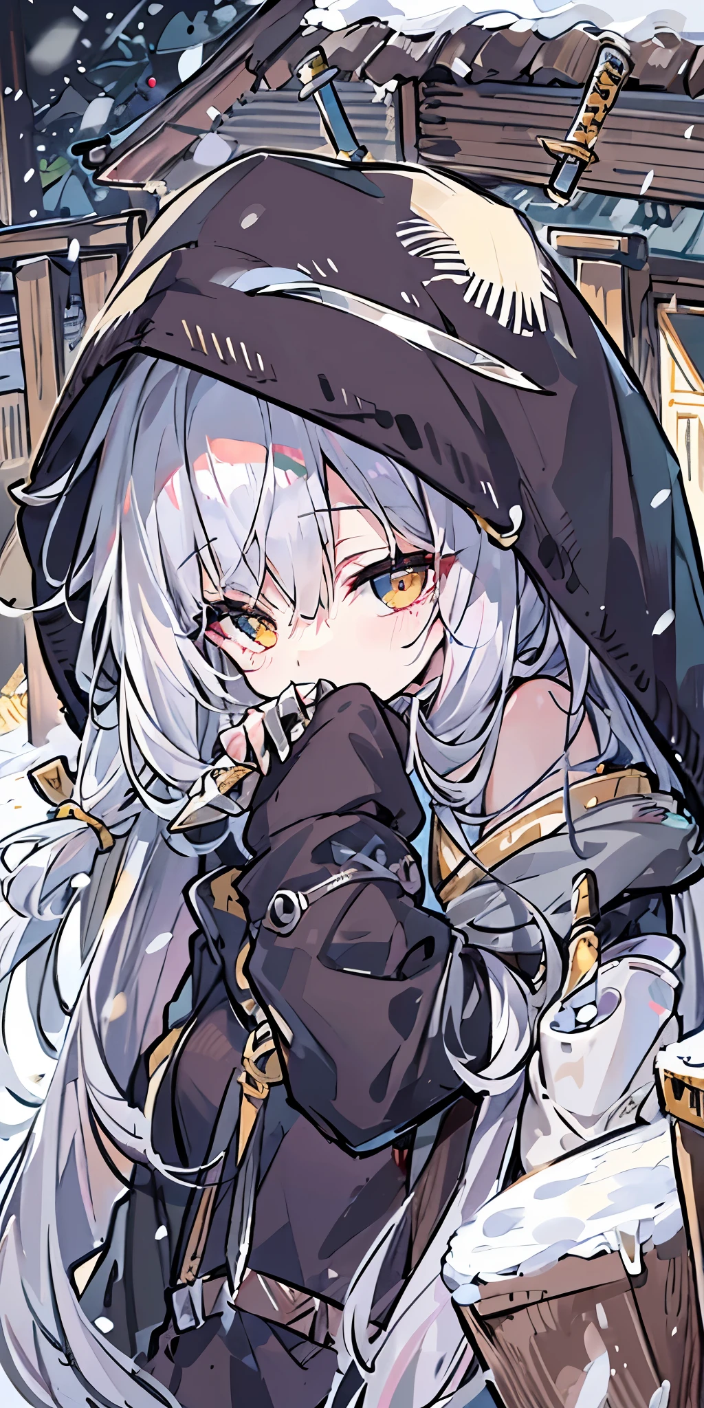 long hair、cute、white stockings、Heart-shaped pupils、solo、gray hair、winter、snow、outdoor、(((golden eyes)))、Ahoge、(((Black hoodie)))、head covering、With weapons、(((((battle)))))、 cold look、 Filmography、 ((((((knife))))))、 village、((((Show the whole body))))、
