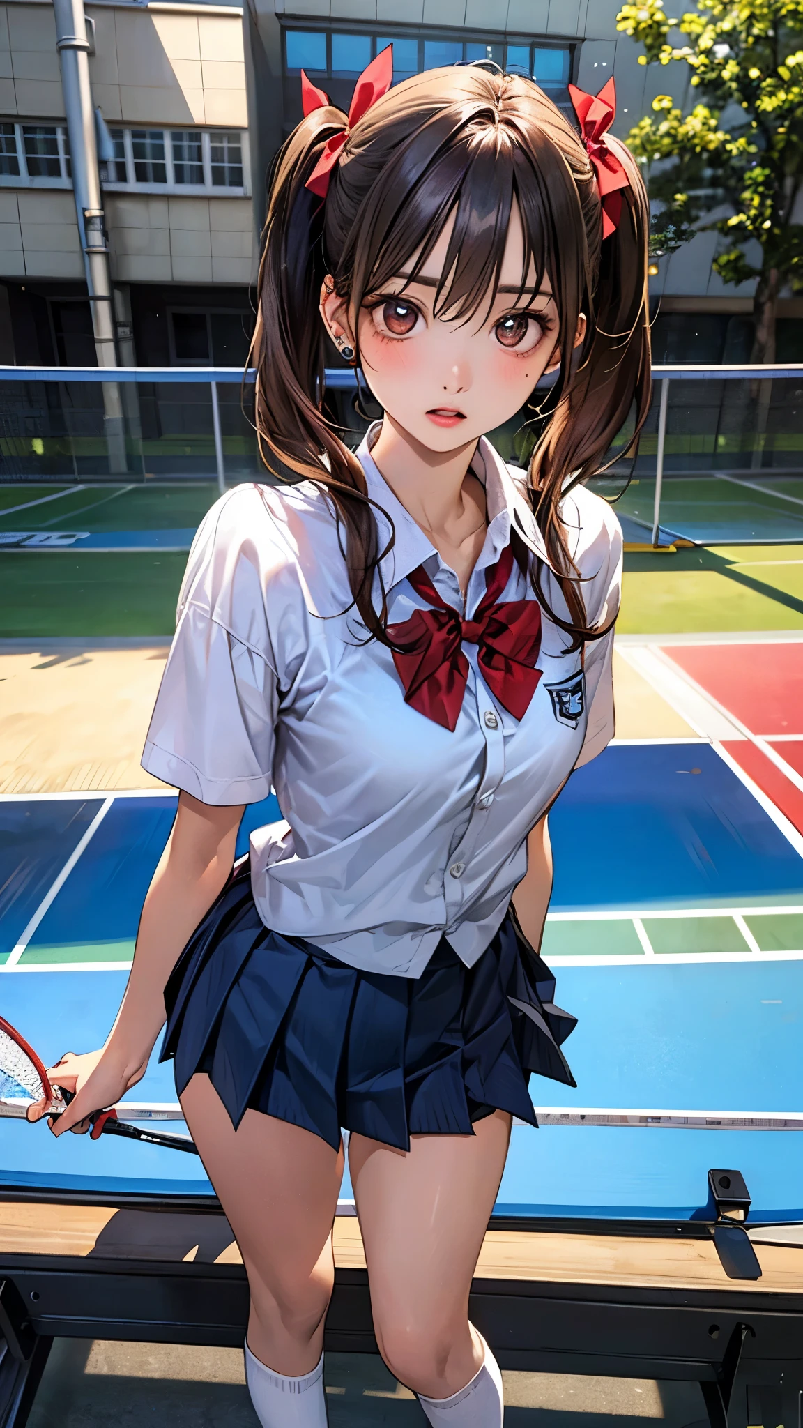 (masterpiece:1.2, top-quality), (realistic, photorealistic:1.4), beautiful illustration, (natural side lighting, movie lighting),
looking at viewer, fullbody, 1 girl, japanese, high school girl, perfect face, cute and symmetrical face, shiny skin, babyface,
(short hair, low twintails, light brown hair), hair between eyes, brown eyes, big eyes, drooping eyes, (middle breasts, seductive thighs, big ass), piercings,
beautiful hair, beautiful face, beautiful detailed eyes, beautiful clavicle, beautiful body, beautiful chest, beautiful thigh, beautiful legs, beautiful fingers,
((white collared shirt, navy blue pleated miniskirt, red bow tie, white socks)),
(beautiful scenery), evening, school gymnasium, ping-pong table, standing, holding a table tennis racket, (surprised),