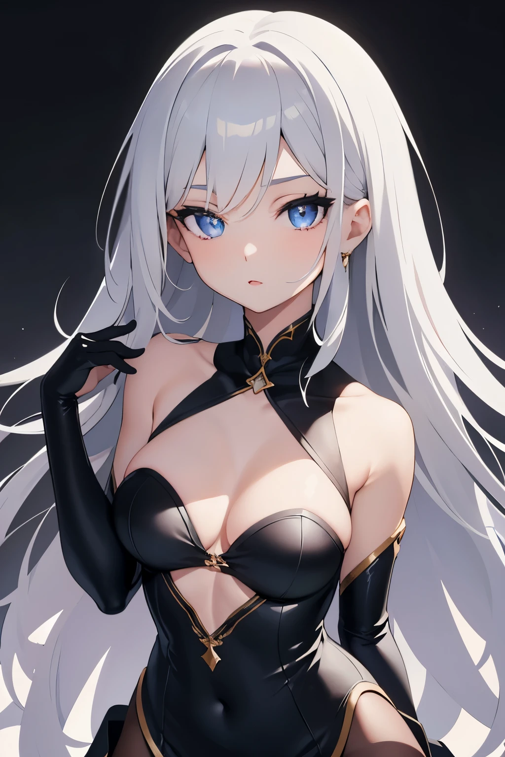 1girl, anime, cute girl, blank background, white background, fantasy, detailed dark fantasy dress with highlights, beautiful face, beautiful eyes, dark colors, silver hair, slightly small , slight cleavage, beautiful skin, cute,  curtains, extremely delicate and beautiful, (beautiful detailed face:1.0), (detailed deep eyes), symmetrical , deep eyes, shiny skin, portrait, slender waist,  wider than shoulders, thighs, young girl, expressionless, luminous eyes