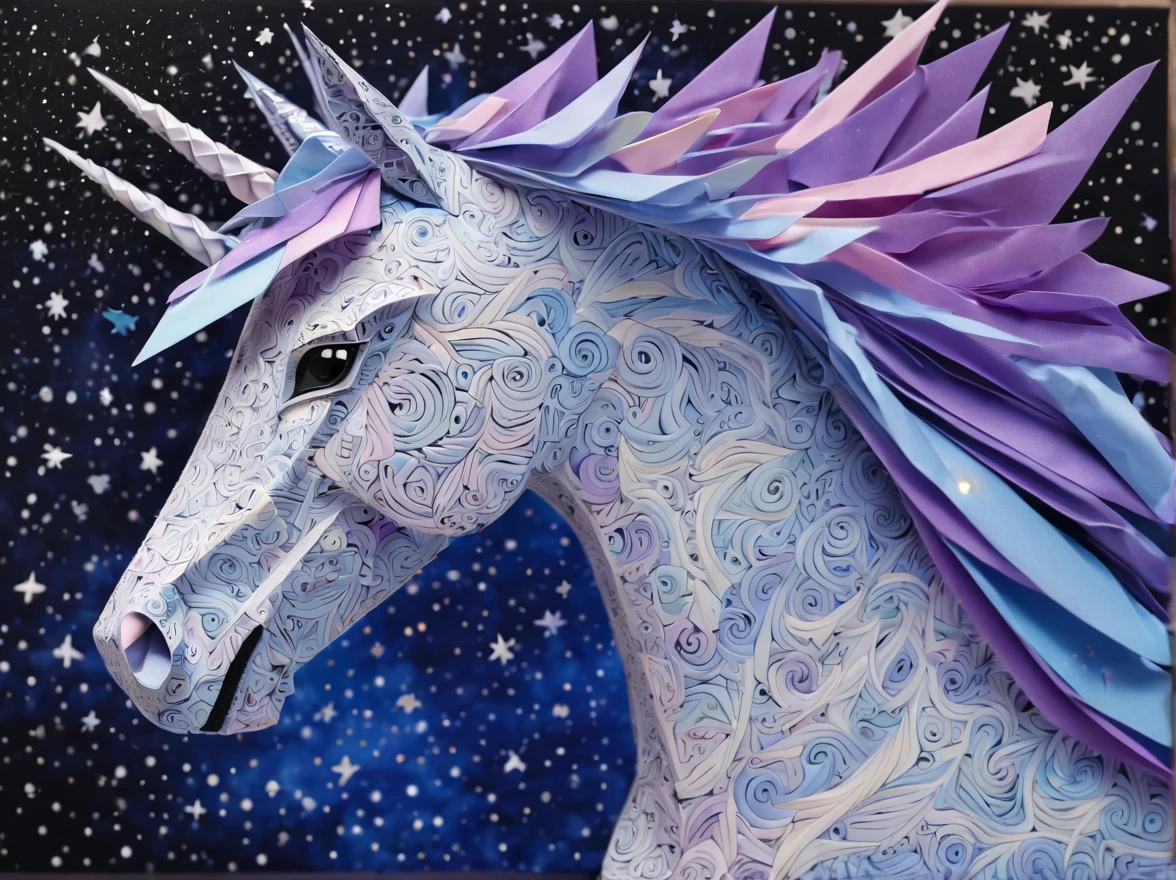 ponytailed unicorn portraits, big smile to the camera, starry sky, zentangled, origami, 3d crunch,