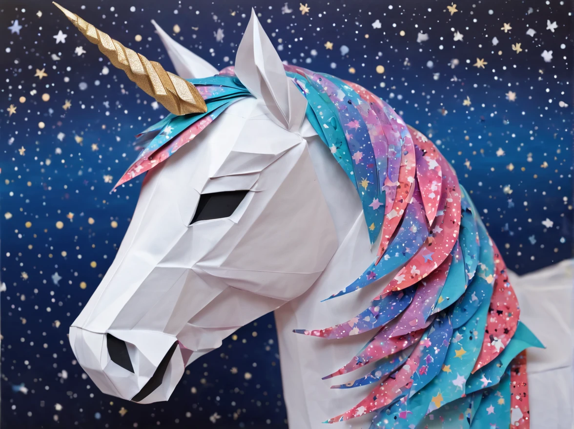 ponytailed unicorn portraits, big smile to the camera, starry sky, zentangled, origami, 3d crunch,