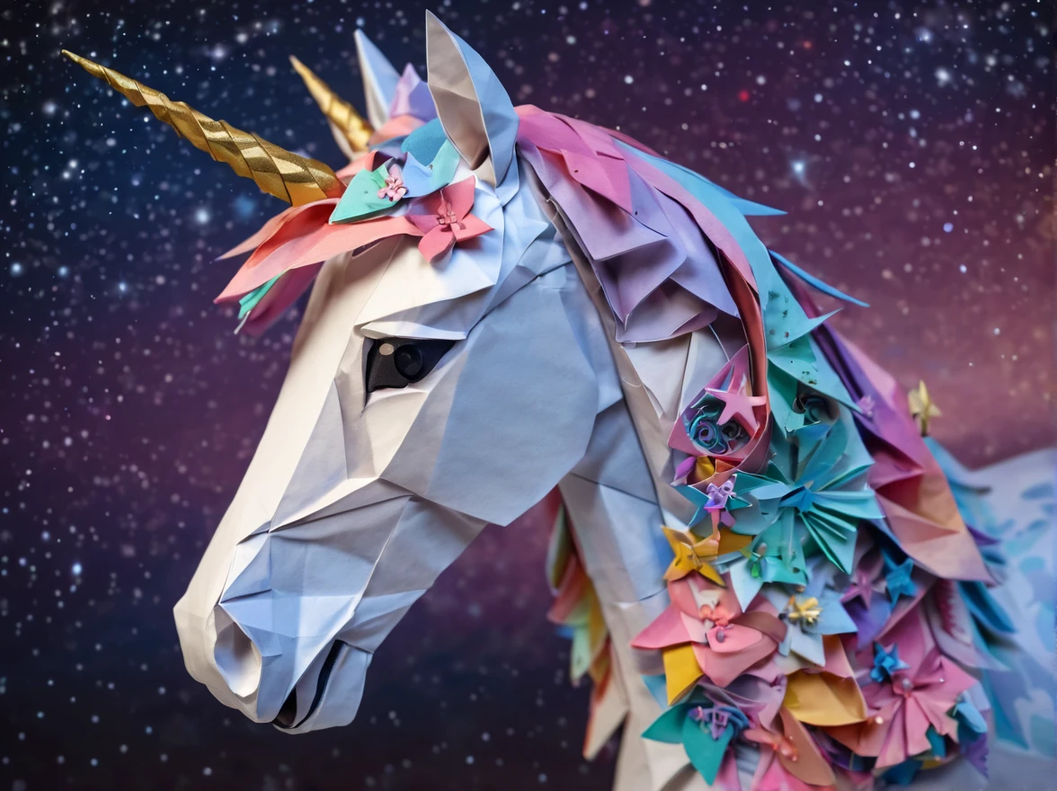 ponytailed unicorn portraits, big smile to the camera, starry sky, zentangled, origami, 3d crunch,
