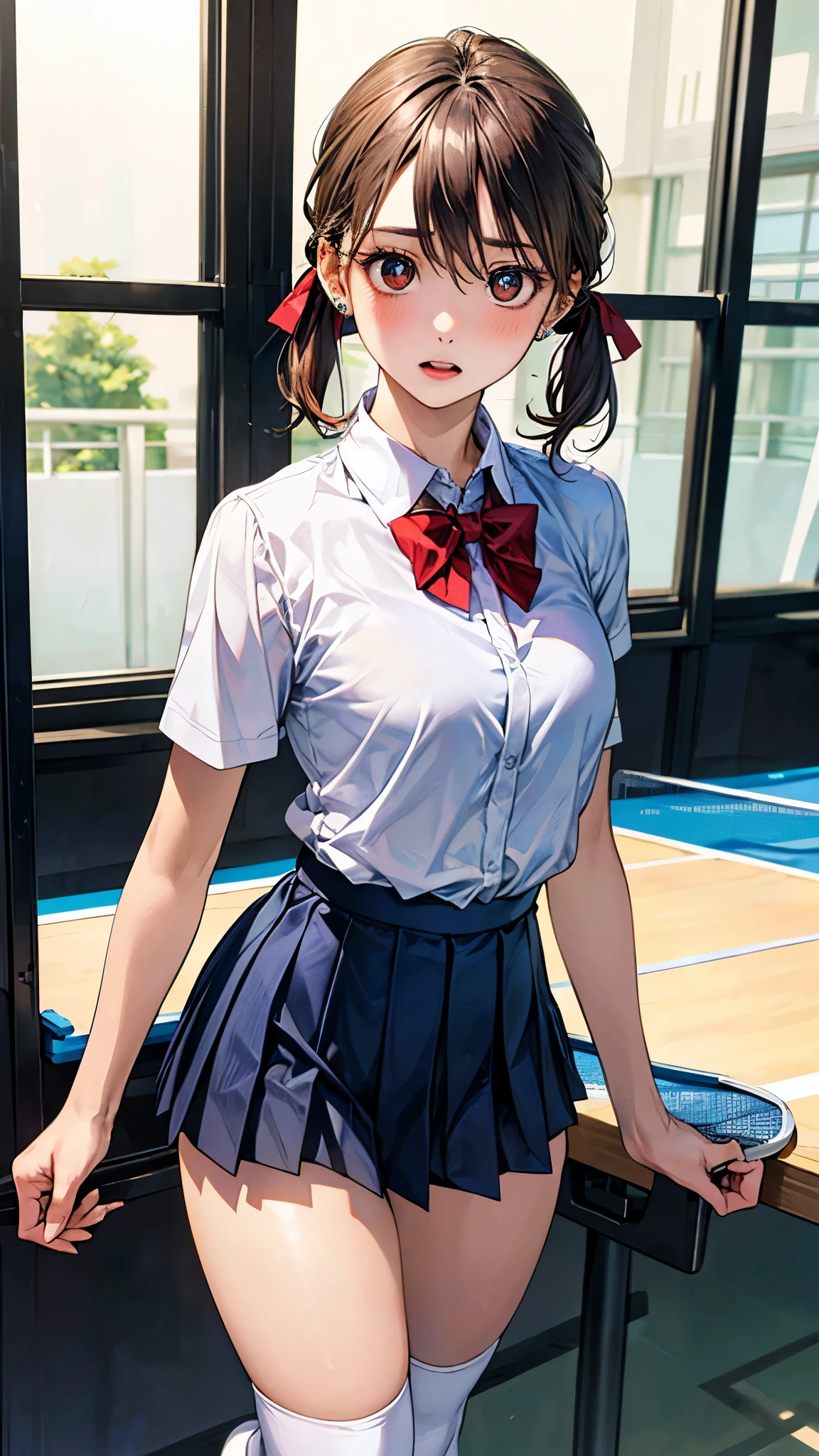 (masterpiece:1.2, top-quality), (realistic, photorealistic:1.4), beautiful illustration, (natural side lighting, movie lighting),
looking at viewer, fullbody, 1 girl, japanese, high school girl, perfect face, cute and symmetrical face, shiny skin, babyface,
(short hair, low twintails, light brown hair), hair between eyes, brown eyes, big eyes, drooping eyes, (middle breasts, seductive thighs, big ass), piercings,
beautiful hair, beautiful face, beautiful detailed eyes, beautiful clavicle, beautiful body, beautiful chest, beautiful thigh, beautiful legs, beautiful fingers,
((white collared shirt, navy blue pleated miniskirt, red bow tie, white socks)),
(beautiful scenery), evening, school gymnasium, ping-pong table, standing, holding a table tennis racket, (surprised),