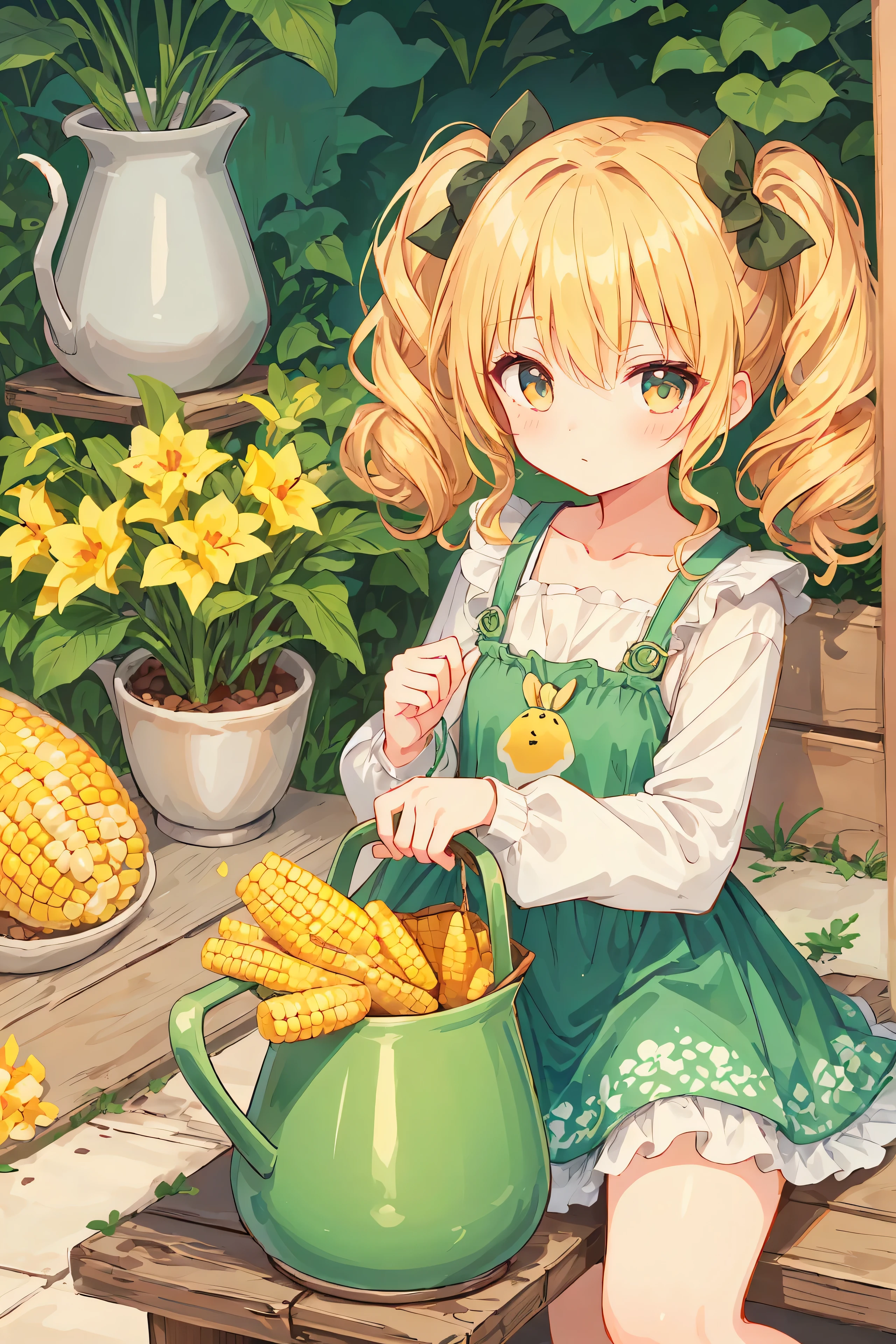 Gentille fille,Twintails bouclés et vêtements doux,pichet de maïs pvz personnifié