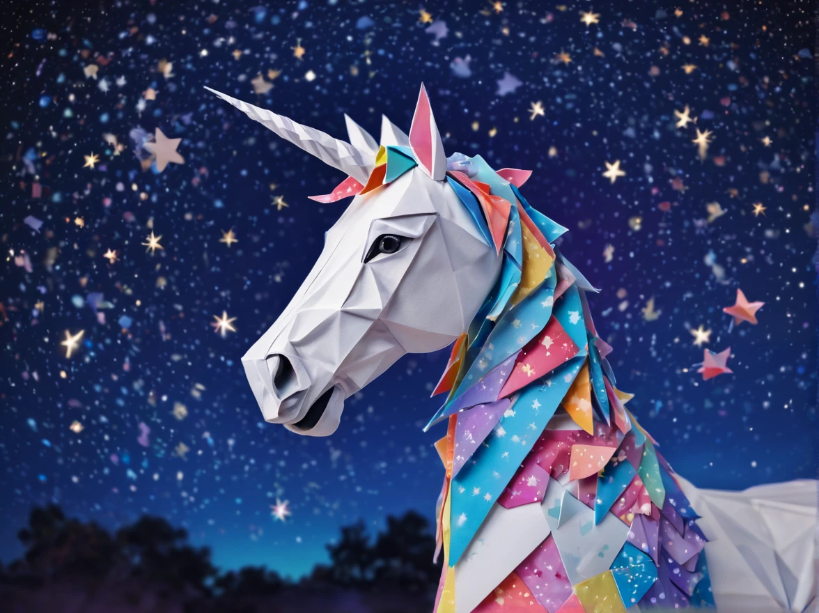 ponytailed unicorn portraits, big smile to the camera, starry sky, zentangled sky, origami, 3d crunch, fantasy
