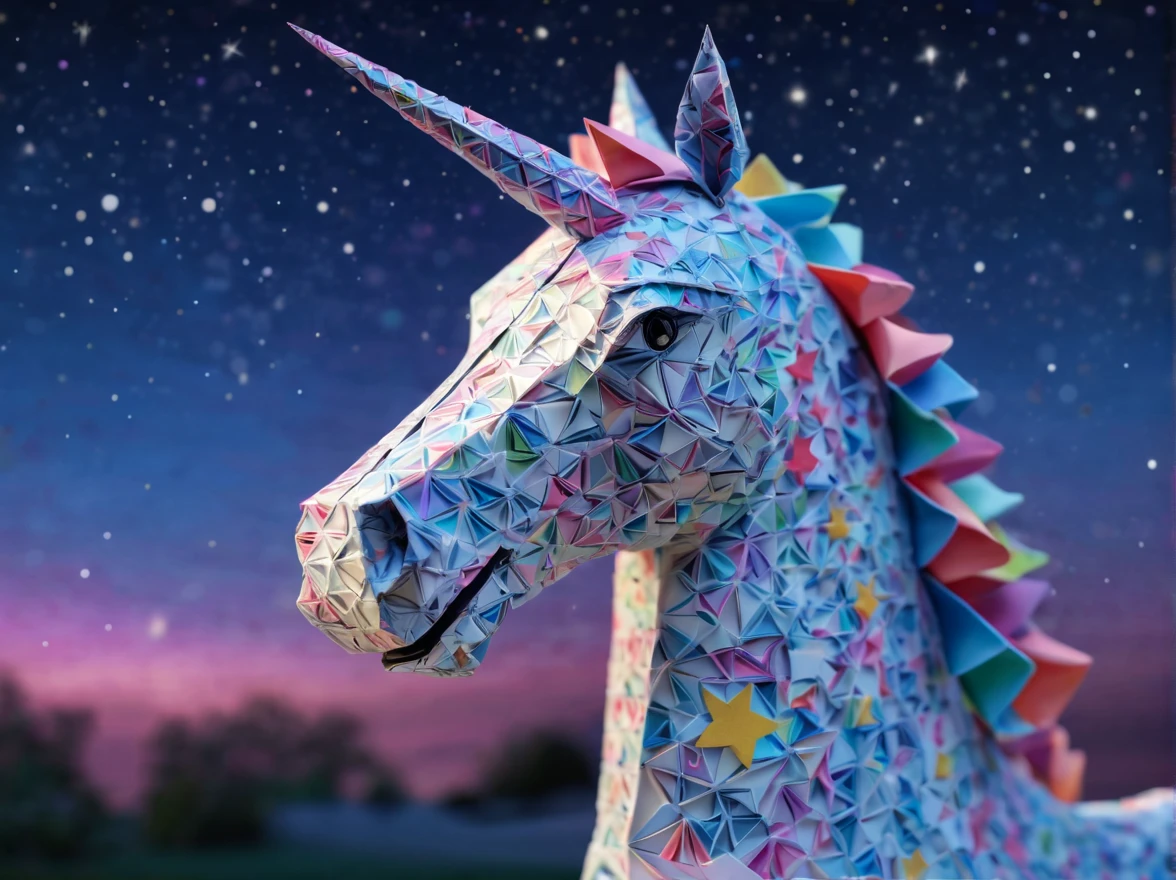 ponytailed unicorn portraits, big smile to the camera, starry sky, zentangled sky, origami, 3d crunch, fantasy