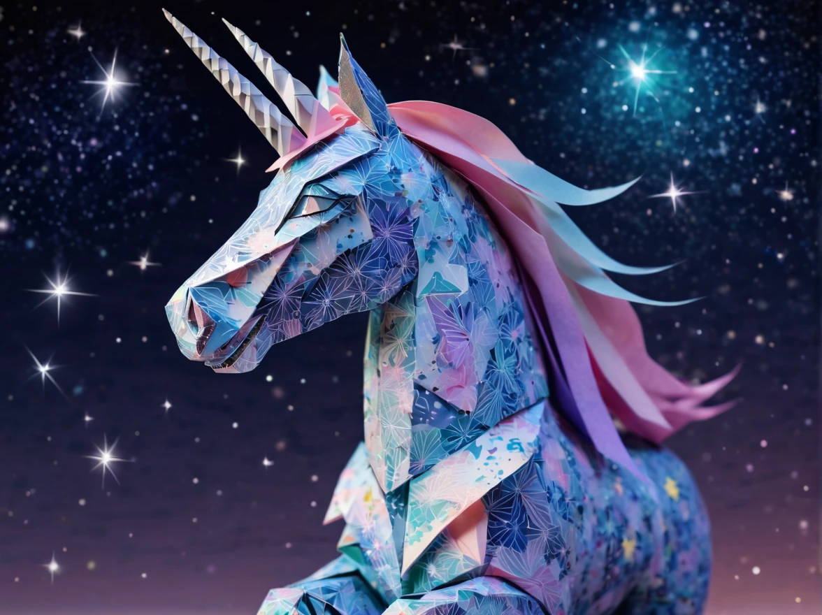ponytailed unicorn portraits, big smile to the camera, starry sky, zentangled sky, origami, 3d crunch, fantasy