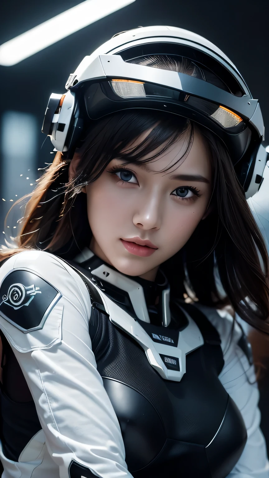 best image quality, excellent details, 超High resolution, (fidelity: 1.4), best illustrations, Favor details, High concentration of 1girls, With a delicate and beautiful face, dressed in black and white mecha, Wearing a mecha helmet, Have a direction controller, ride a motorcycle, the background is a high-tech lighting scene of the futuristic city. masterpiece, 最high quality, high quality, High resolution, (close up of face)
