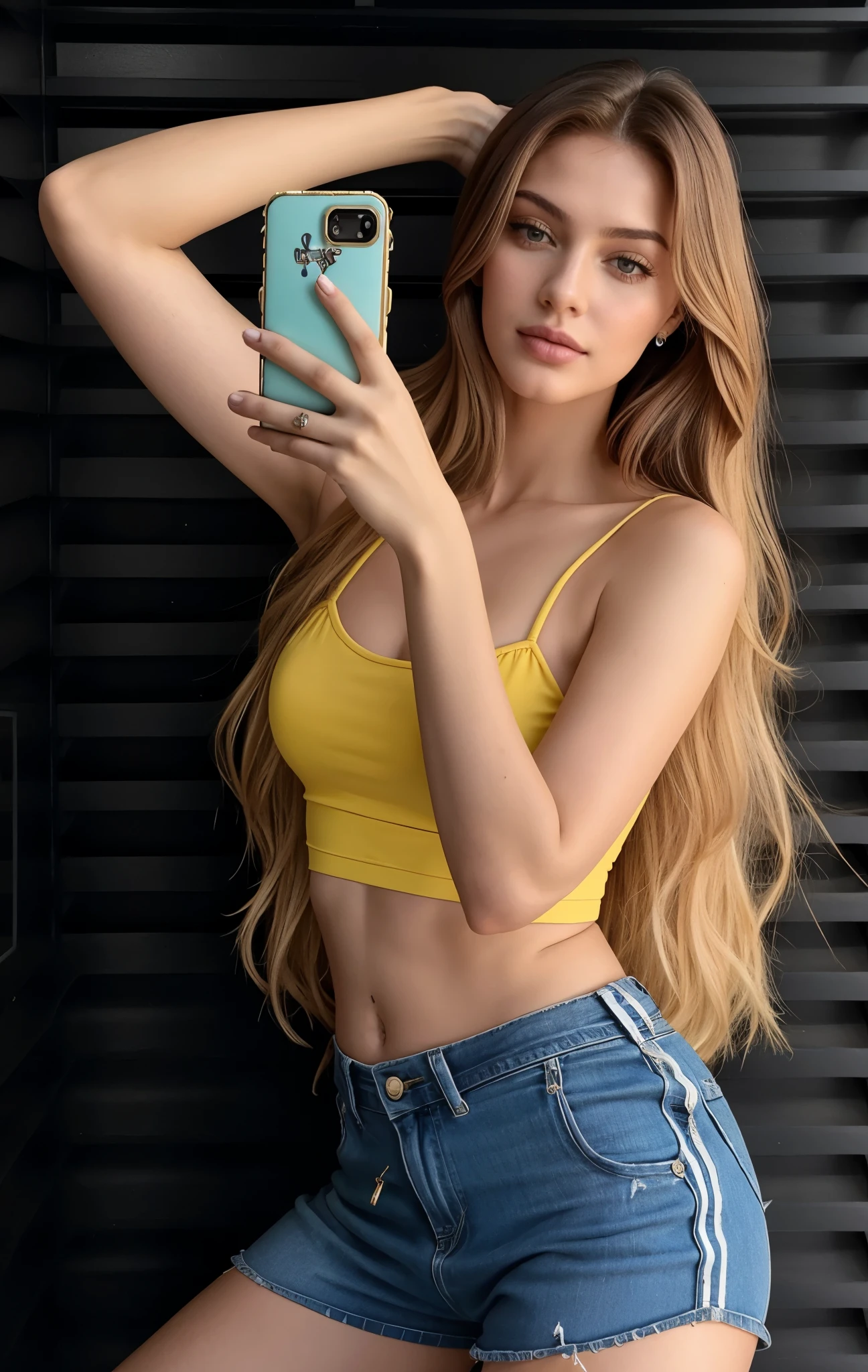 Mulher que tira selfie com o celular, foto de garota magra model, 2 modelo feminino de 4 anos, modelo do instagram, Anna Nikonova aka Newmilky, vestindo top amarelo, 18 anos de idade, ajuste figura delicada, estilo de julia razumova, cabelos amarelos longos, Angelina Stroganova, foto de garota magra, com cabelo comprido