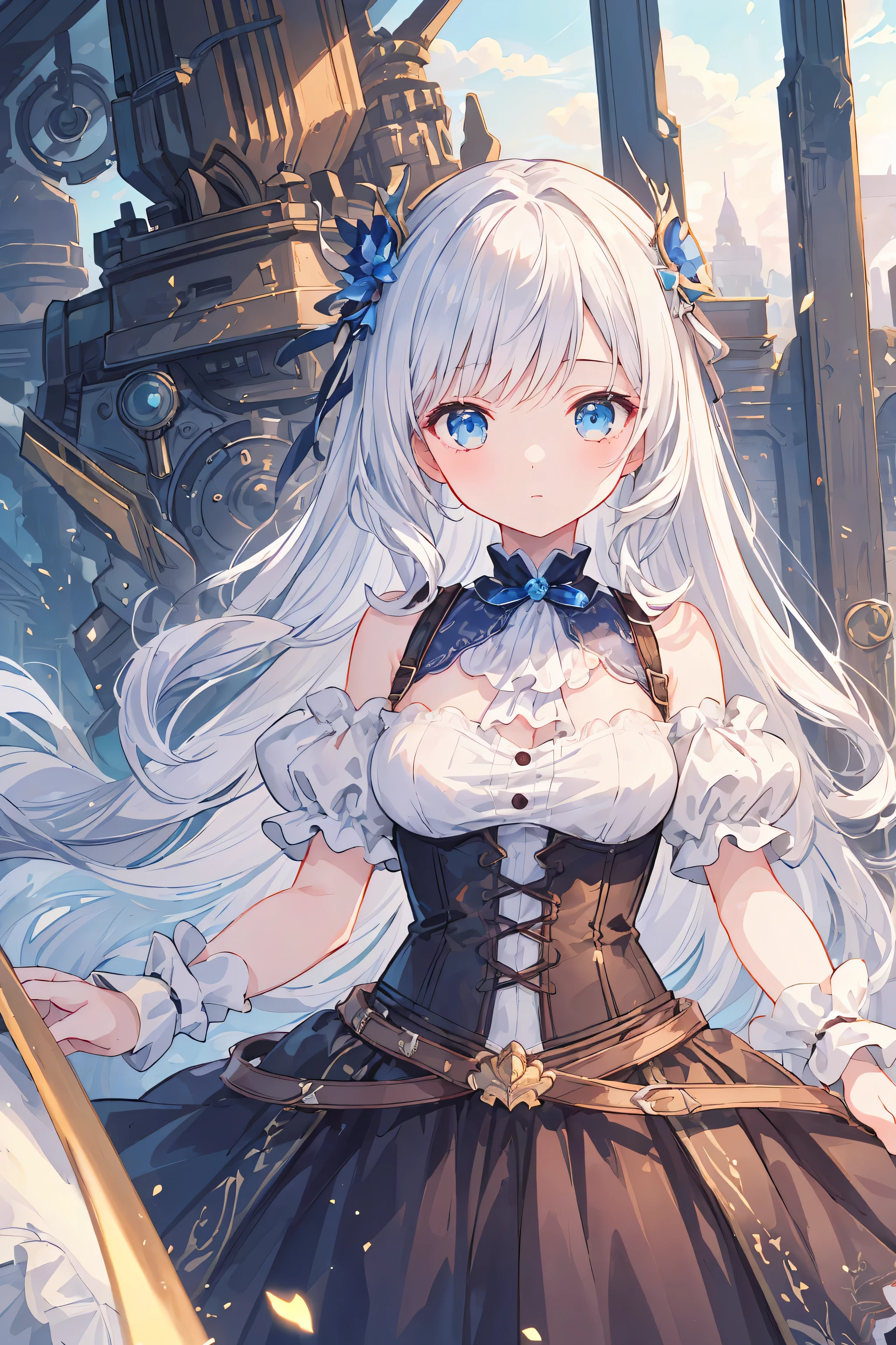 (((chef d'oeuvre)))、((superior quality))、(L'Ultra-detailed)、(Summary illustration)、(A very beautiful woman))、cinematic light、((1 mechanical girl))、 (Beau et gourmand)(atelier)、Facing the'avant,cheveux blancs,ceinture corset,jupe taille haute bleue,portrait du haut du corps