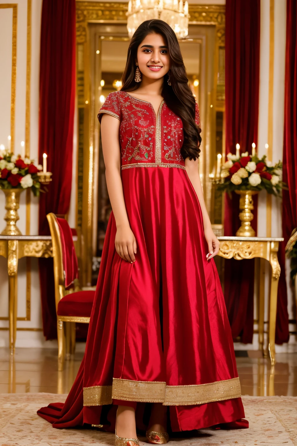A 18 year old pakistan girl, cold color, long straight hair, perfect eyes, smile, blushing, Fine detailed skin, Perfect hands, perfect fingers, perfect nails, plumbed lips, Red frock, long heel, Full Body Photo Standing, decorative room, cinematic lightning, high resolution, realistic, 5k image
