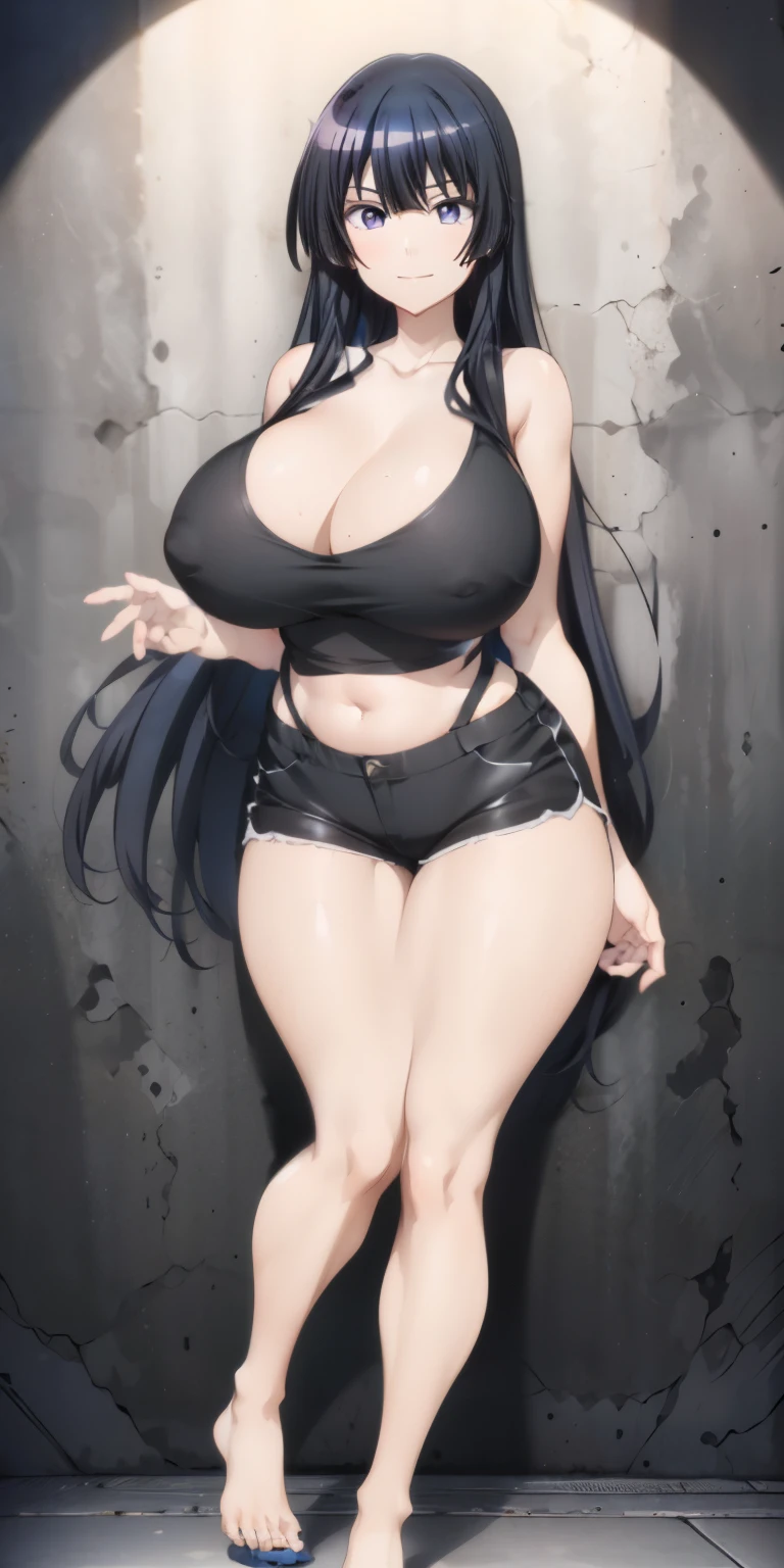(masterpiece), expressive eyes, best quality,perfect face
8k, best quality, real picture, intricate details, ultra-detailed, ultra highres, depth field,fully body,sexy,(photorealistic,realistic:1.2),masterpiece, straight-on shot, dutch angle, 1girl, an extremely beautiful -yeld gi innocent big eyes, (Black _LONG_hair), (Brown_eyes:1.0),(wavy hair,(Bangs),long hair, perfect shiny skin, flawless skin, fair skin, huge breasts, cleavage, narrow waist, light blush, solo, looking at viewer, evil smile, chubby under clothes, sweat, wearing ((Black Tank Top)), Sleeveless,Black_Vest_top,((Black Shorts)), (gravure pose :1.1), sunset, classroom ,(seductive smile, jagged expression, evil expression)),(Beautiful,huge_Breasts:1.4), (beautiful face:1.5),(narrow waist),(huge ass :1.4),(slender body:1.2),cleavage, midriff,navel,Large Aerolae,perky breasts,(detailed black tank top),expressive eyes,perfect eyes, (beautiful eyes), (dazzling pupils), (amazing irises), (perfect eyes), perfect anatomy ,no mistakes,1girl, covered nipples, plump,standing, slim legs, unaligned breasts,slim legs,glossy hair, glossy skin, glossy eyes, detailed hair,photo of perfecteyes eyes,wearing tight black tanktop with black hotpants,tareme-eyes,very_long_hair,Detailedface,wearing tight black tanktop with black hotpants,