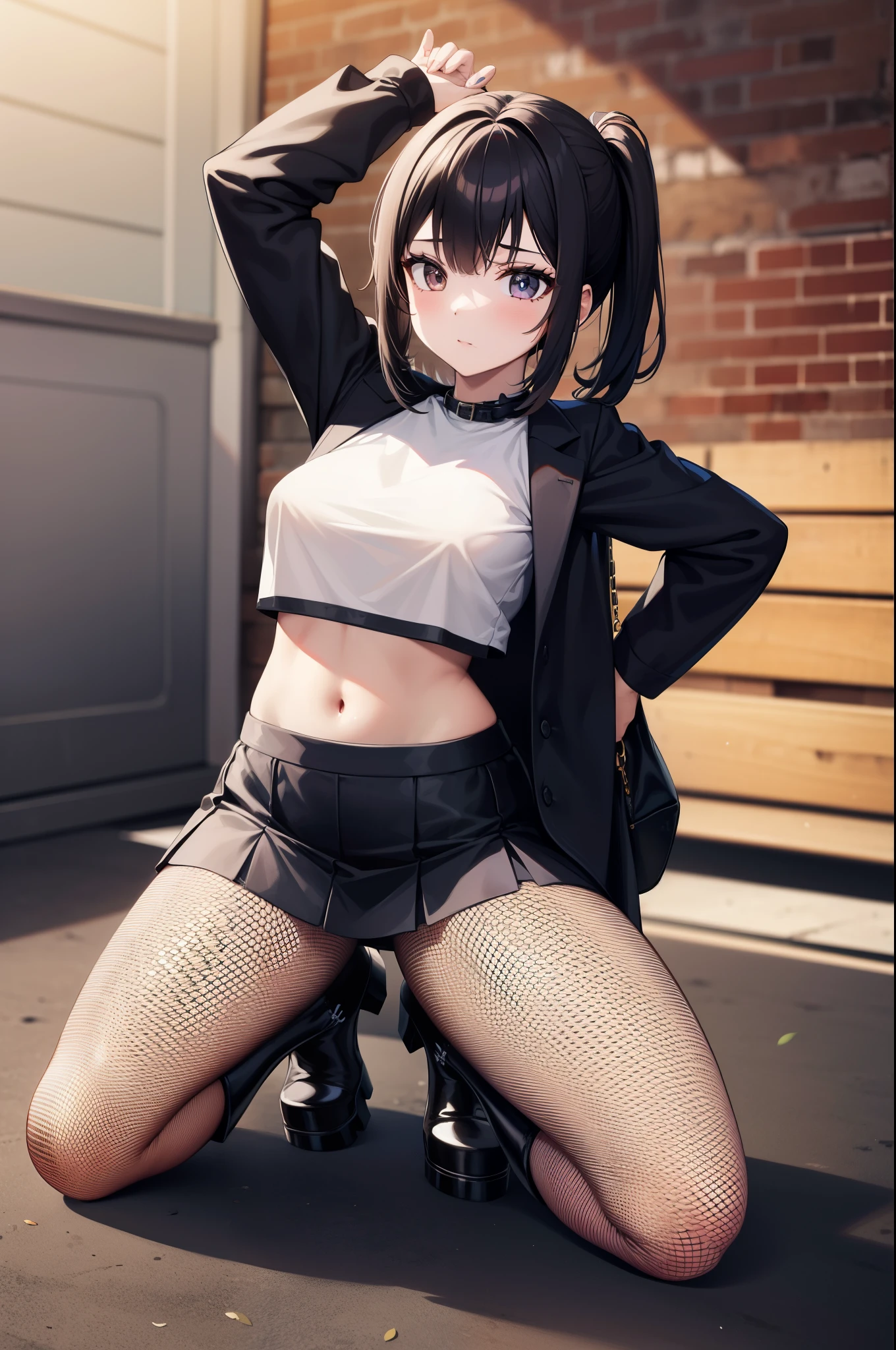 1girl, croptop, goth, fishnets, platform boots, short skirt