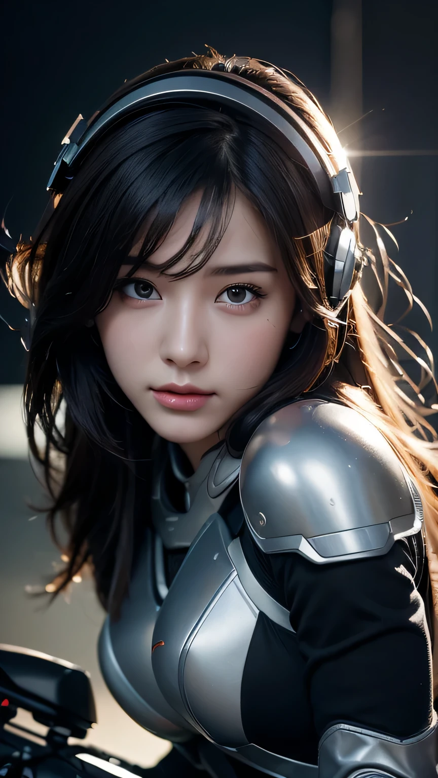 best image quality, excellent details, 超High resolution, (fidelity: 1.4), best illustrations, Favor details, High concentration of 1girls, With a delicate and beautiful face, dressed in black and white mecha, Wearing a mecha helmet, Have a direction controller, ride a motorcycle, the background is a high-tech lighting scene of the futuristic city. masterpiece, 最high quality, high quality, High resolution, (close up of face)