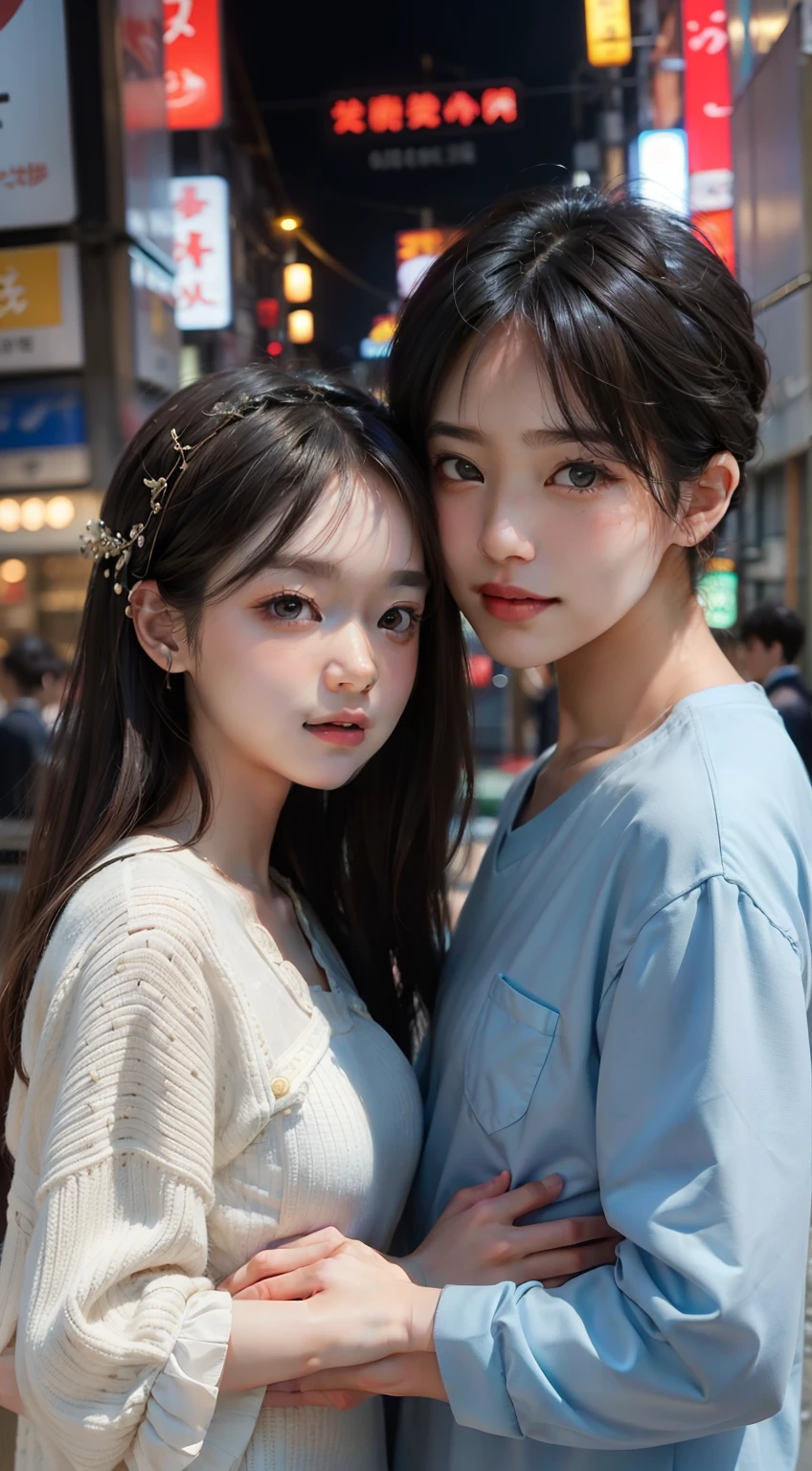 masterpiece、Top image quality:1.2、((beautiful young couples with))、Transparent skin:1.2、{A slight smil}、(kawaii)、knitt Tokyo city、depth of fields